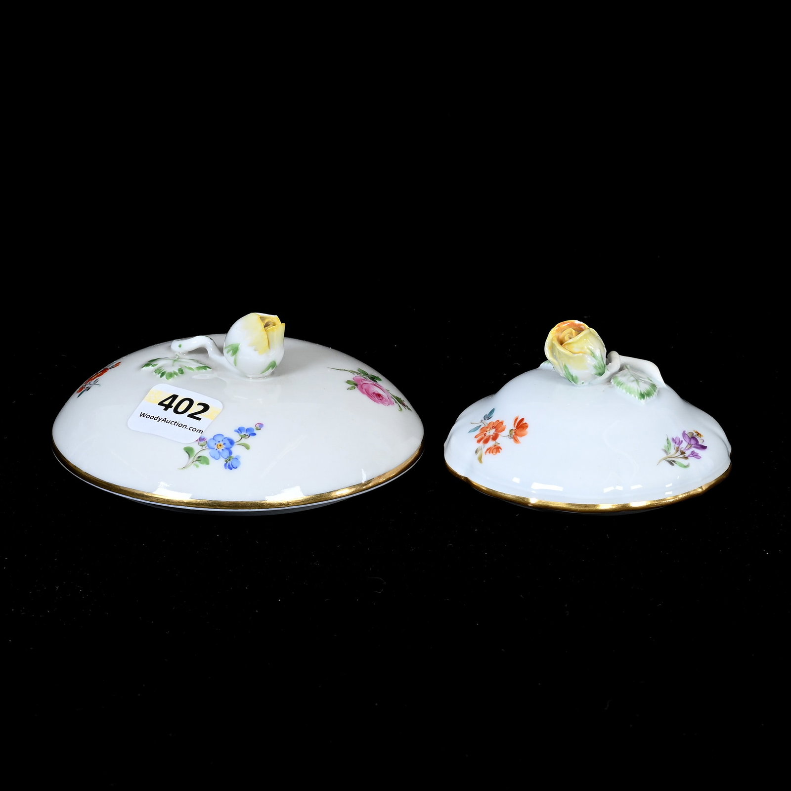 (2) Lids, Unmarked Meissen Porcelain: (2) Lids, Unmarked Meissen Porcelain, (1) Lid To Mustard Jar With Notch, 2.5" Rim Diameter, (1) Lid For Sugar Bowl, Rim Diameter Of 3.5", Frank Cox Estate, Denver, Colorado.