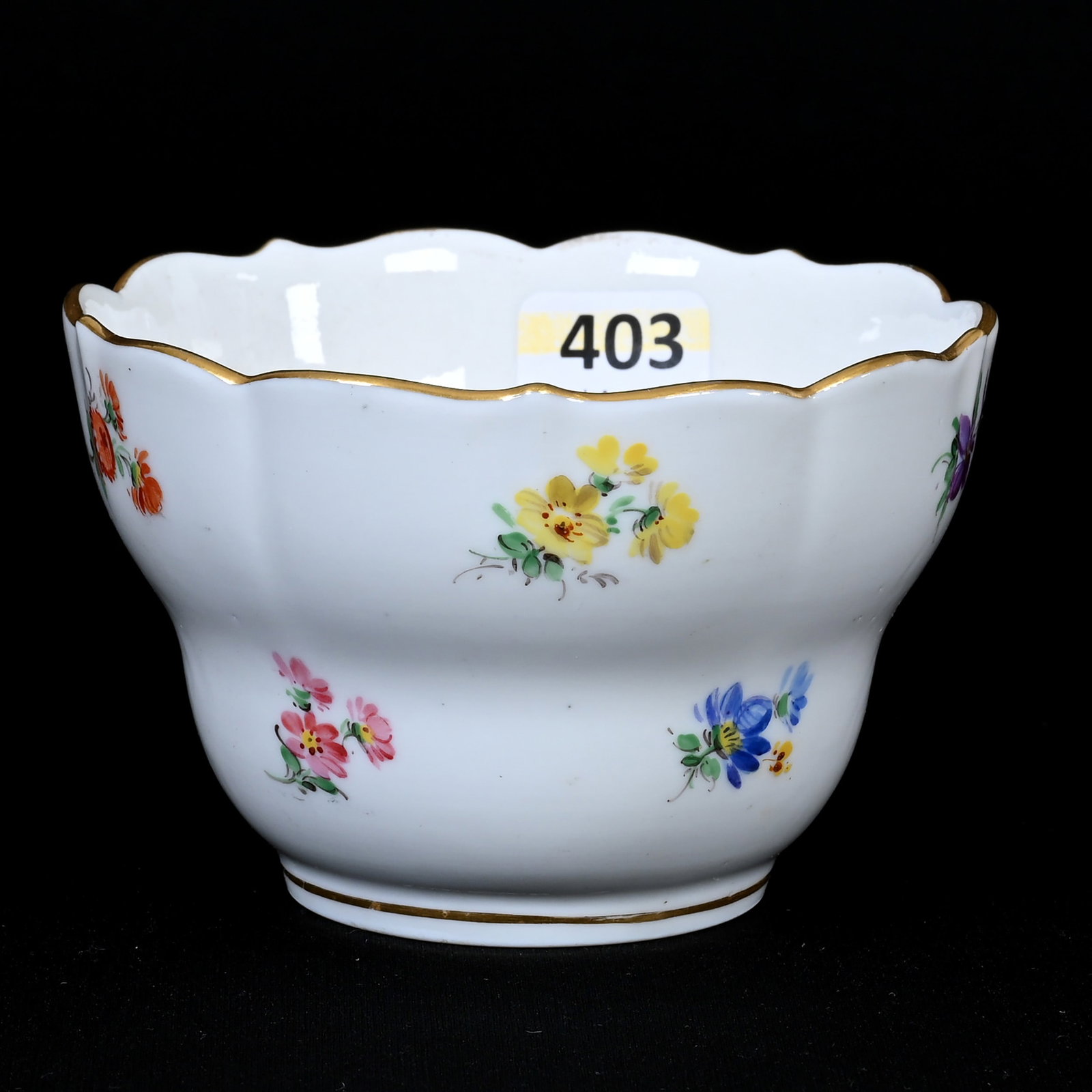 Bowl, Meissen Blue Crossed Swords Mark: Bowl, Meissen Blue Crossed Swords Mark, 2.5" x 4", Strewn Flowers Pattern, Frank Cox Estate, Denver, Colorado.