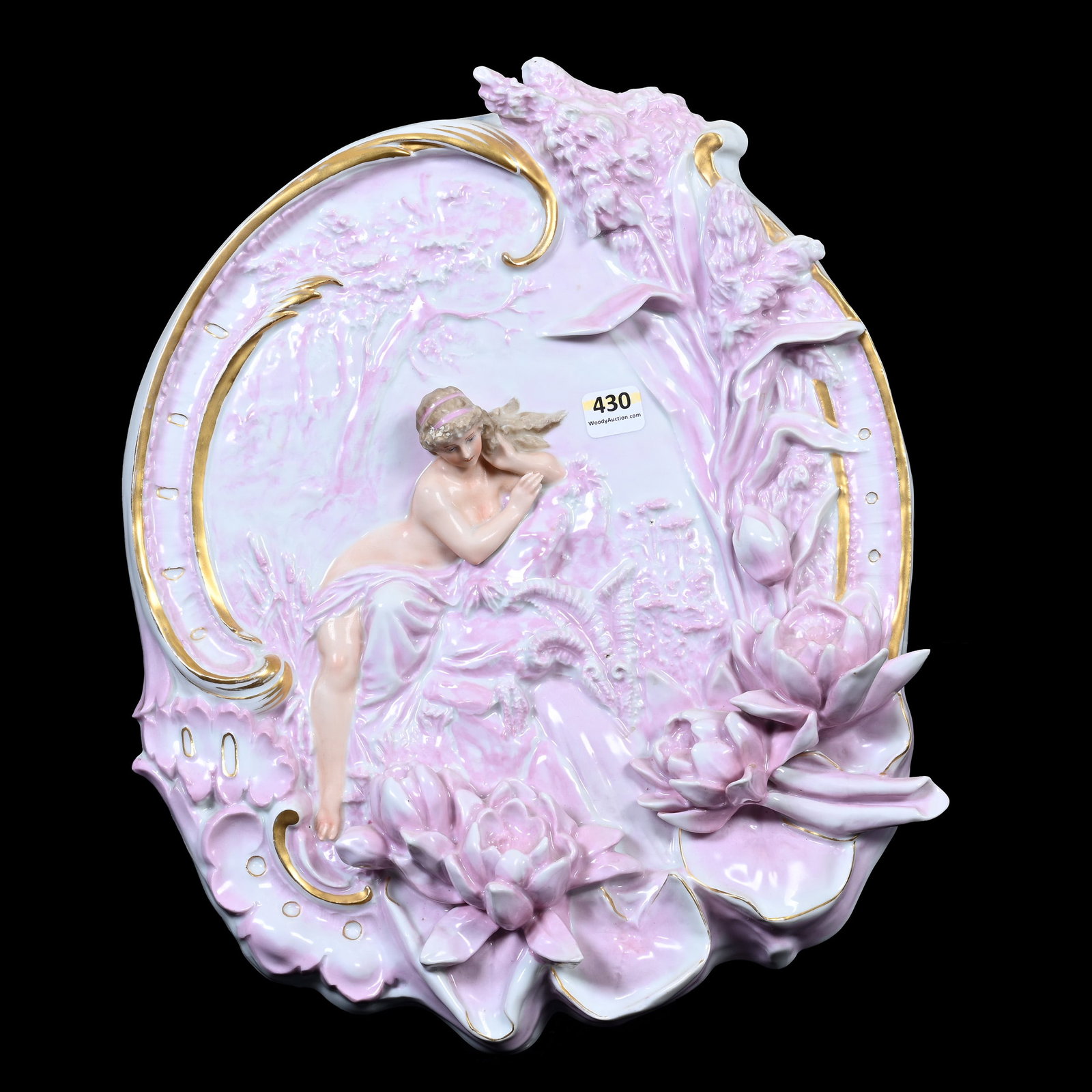 Wall Plaque, Three Dimensional, Unmarked Porcelain: Wall Plaque, Three Dimensional, Unmarked Porcelain, 14.5" x 12", Nude With Pink And White Lotus Blossom Design, Frank Cox Estate, Denver, Colorado.