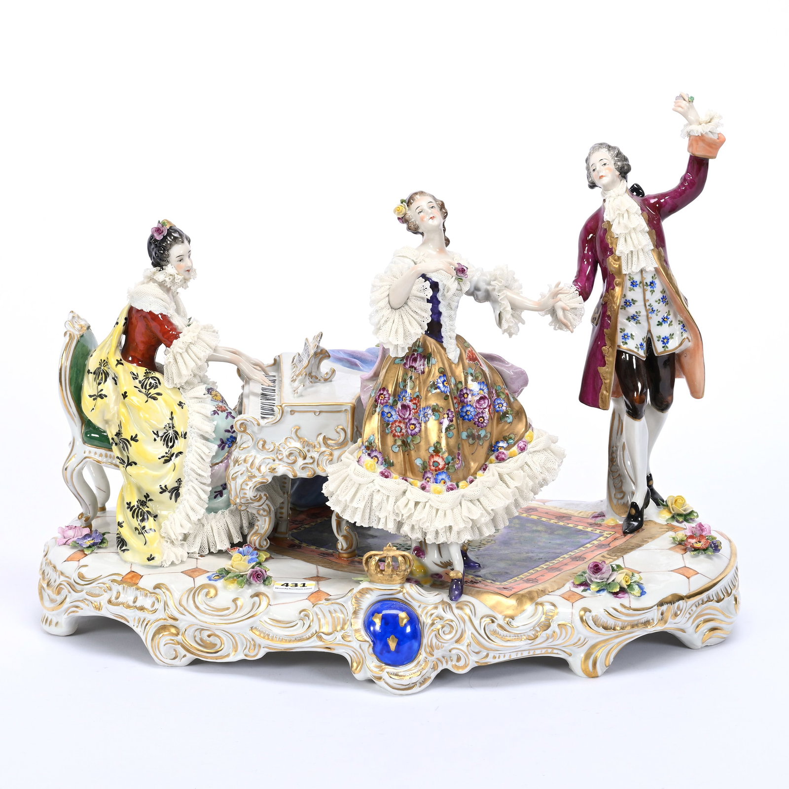Porcelain Group Marked Volkstedt Dresden: Porcelain Group Marked Volkstedt Dresden, 12" x 16" x 9", Woman Playing Harpsicord For Courting Couple, Fantastic Detail And Quality, Some Lace Damage, Circa Late 1700's, Frank Cox Estate, Denver, Col