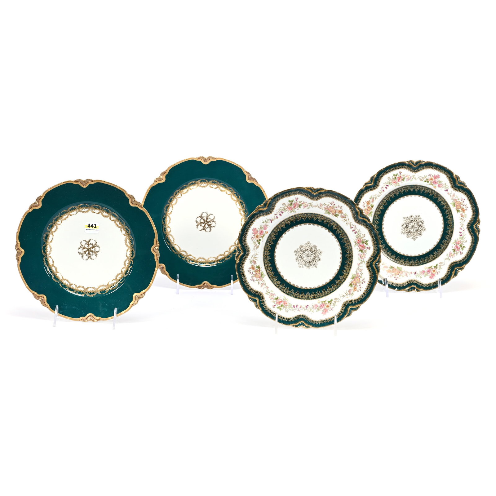 (4) Plates Marked H&C Limoges: (4) Plates Marked H&C Limoges, 9", Ranson Blank, (2) Have Dark Green Border, (2) Have Green & White Border With Colorful Floral, All Have Gold Trim Highlights, Frank Cox Estate, Denver, Colorado.