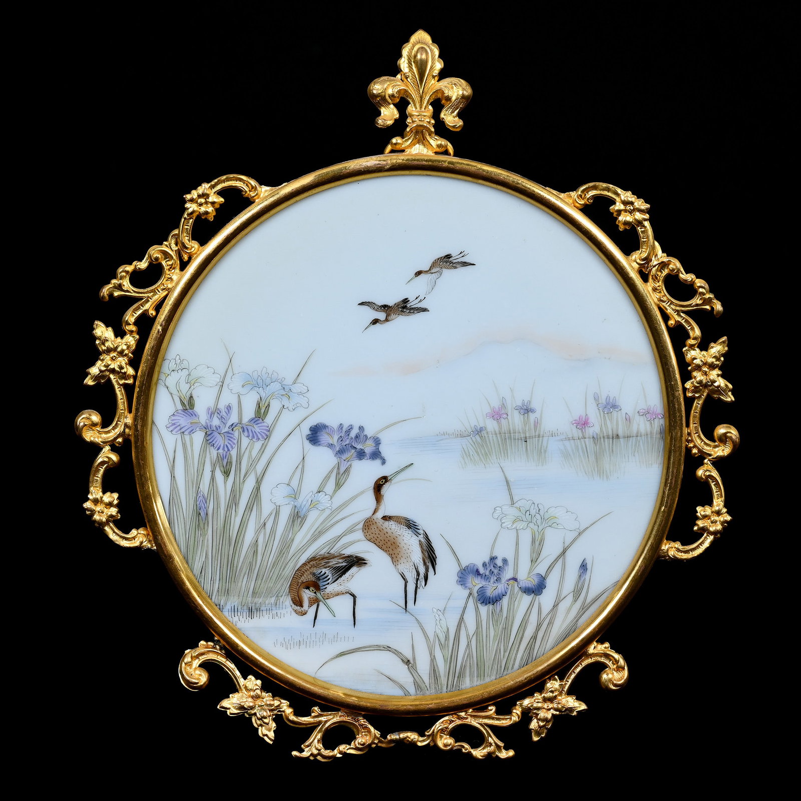 Oriental Plaque, Stork And Floral Decor: Oriental Plaque, Stork And Floral Decor, 5.5", Gilt Metal Frame, Frank Cox Estate, Denver, Colorado.