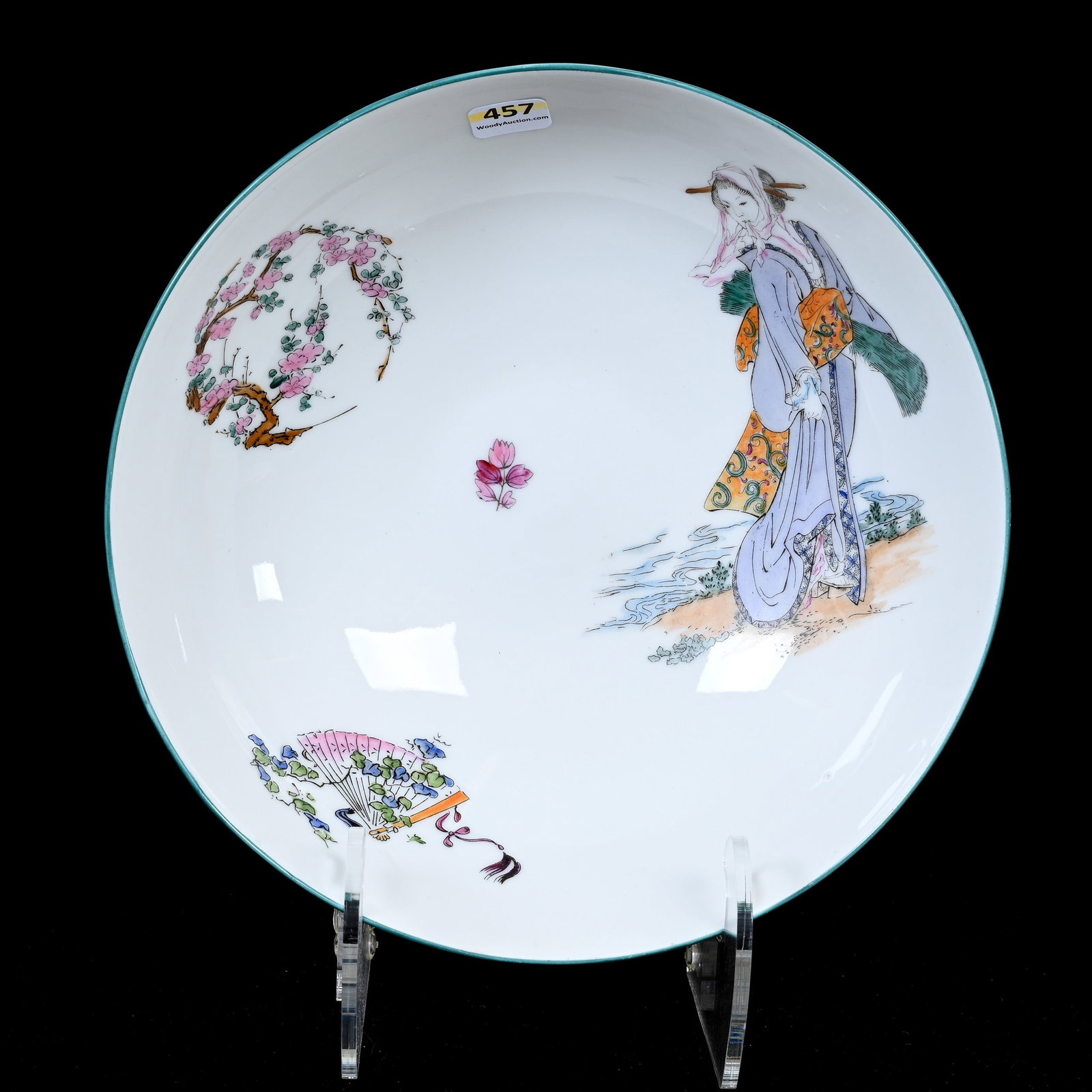 Pedestal Bowl Marked H&C Limoges: Pedestal Bowl Marked H&C Limoges, 5" x 10", White With Oriental Scenic Decors, Green Trim, Frank Cox Estate, Denver, Colorado.