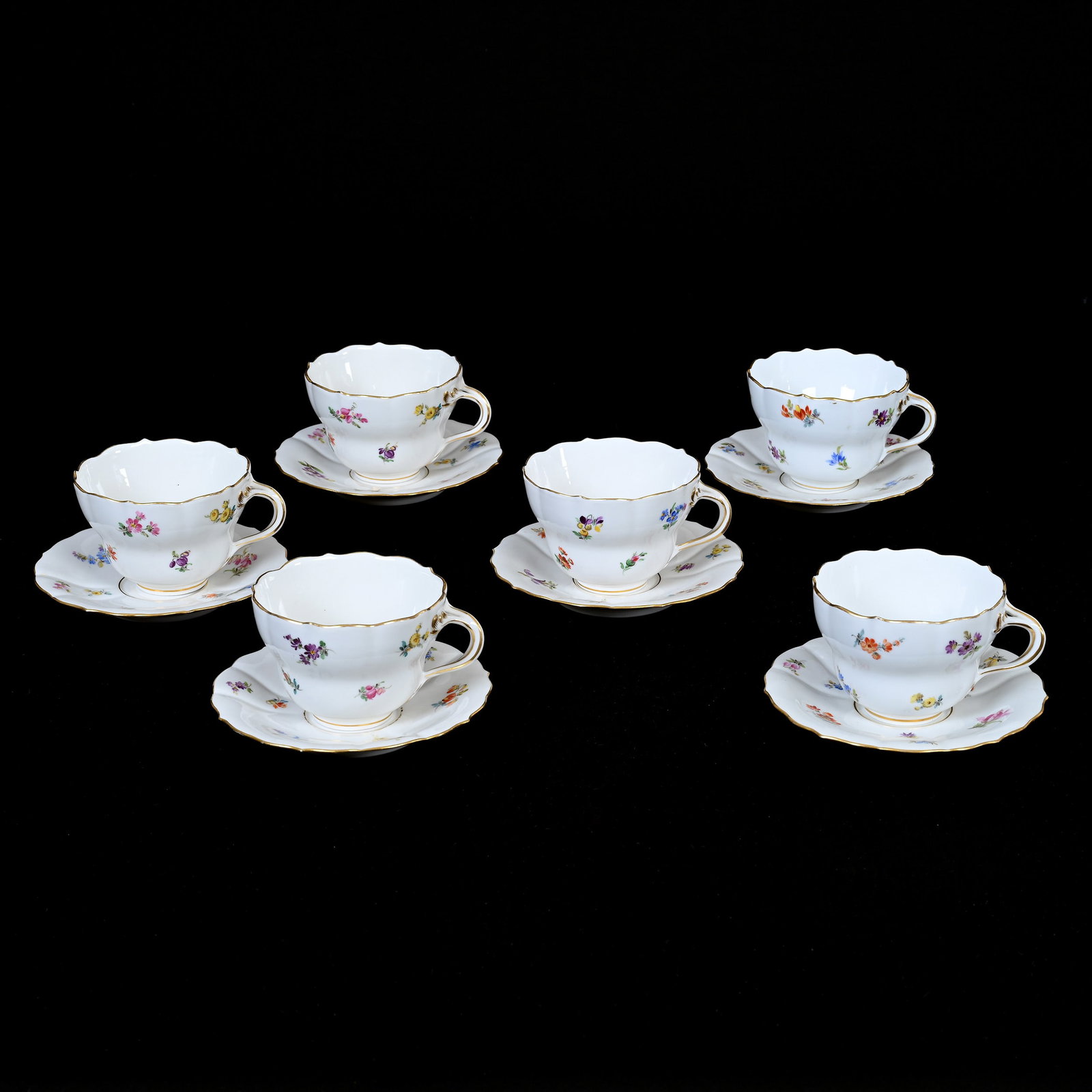 (6) Cups & Saucers, Meissen Blue Crossed Swords Mark: (6) Cups & Saucers, Meissen Blue Crossed Swords Mark, 3.25" x 5.5", Strewn Flowers Pattern, Frank Cox Estate, Denver, Colorado.