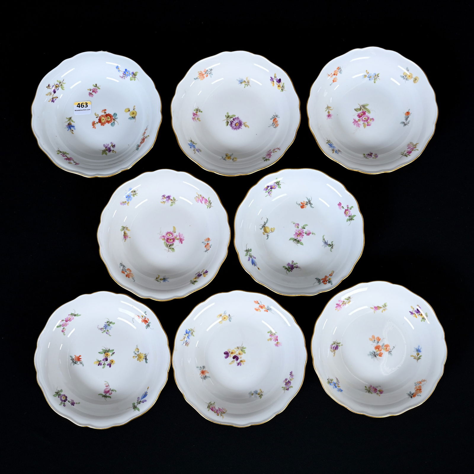 (8) Bowls, Meissen Blue Crossed Swords Mark: (8) Bowls, Meissen Blue Crossed Swords Mark, 6.5", Strewn Flowers Pattern, One Bowl Has Rim Chip, One Bowl With Rim Repair, Frank Cox Estate, Denver, Colorado.