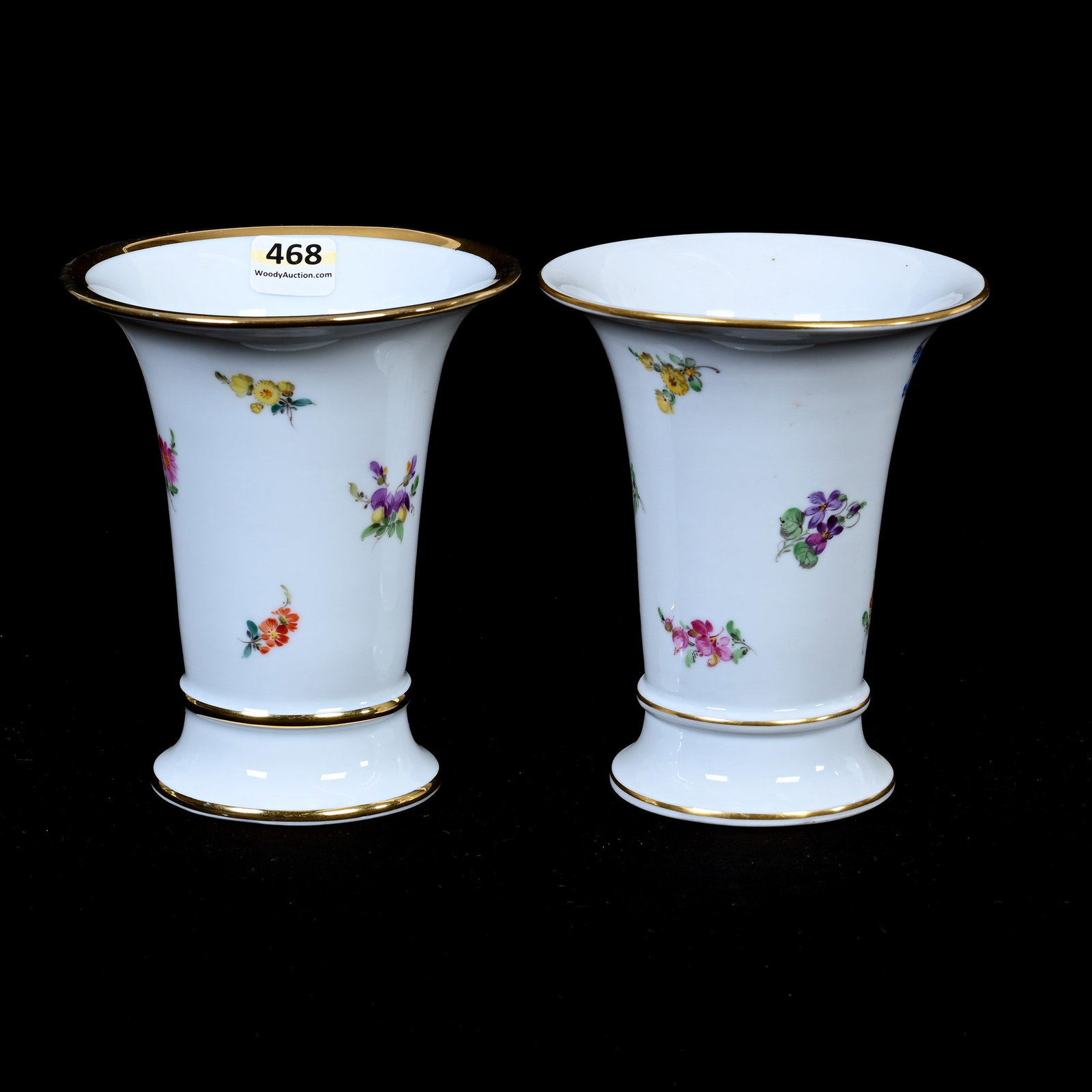 (2) Vases, Meissen Blue Crossed Swords Mark: (2) Vases, Meissen Blue Crossed Swords Mark, 5.25" x 4.5", Strewn Flowers Pattern, Frank Cox Estate, Denver, Colorado.