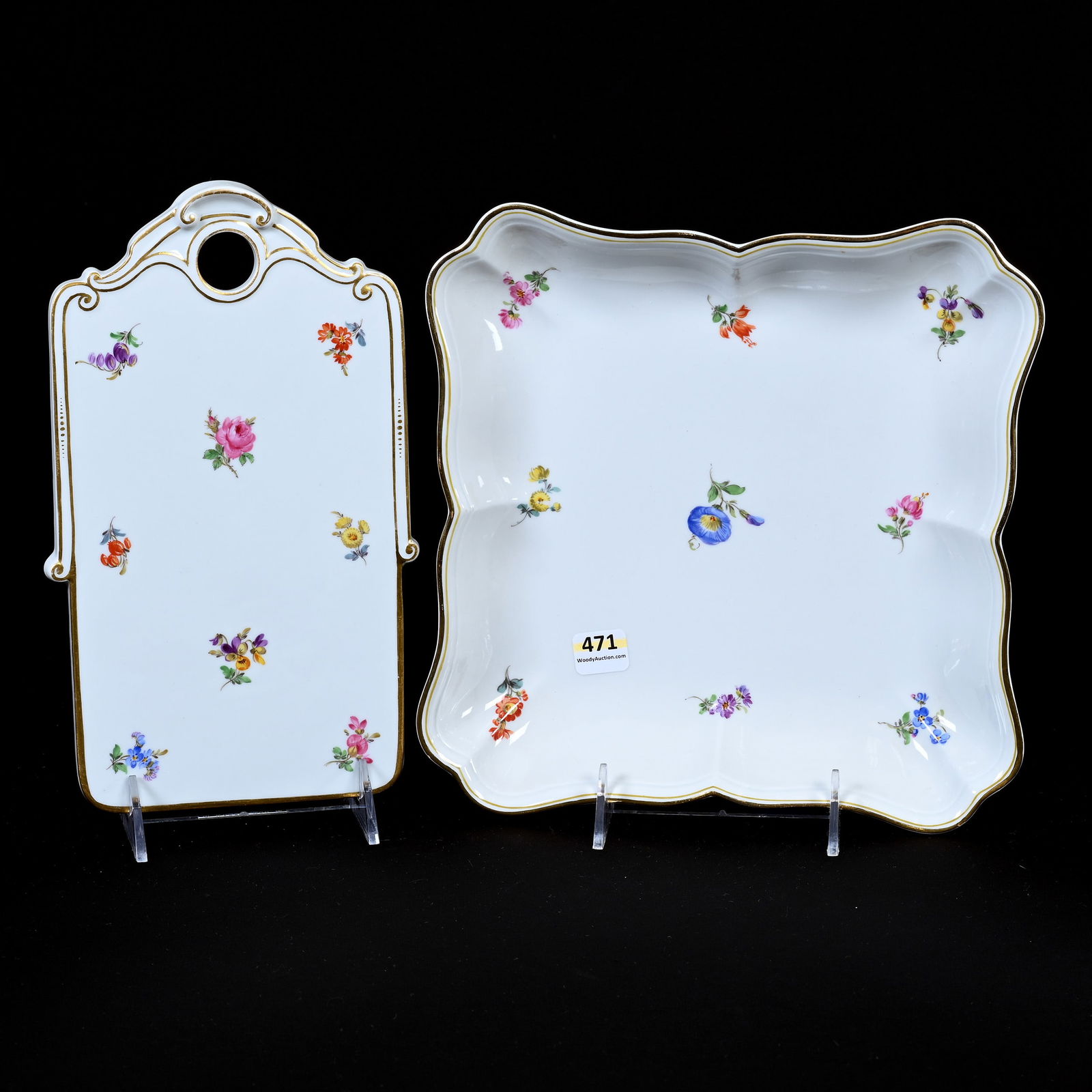 (2) Items, Meissen Blue Crossed Swords Mark: (2) Items, Meissen Blue Crossed Swords Mark, Strewn Flowers Pattern, (1) 9.75" x 5.75" Cutting Board, (1) 9.5" Square Bowl, Frank Cox Estate, Denver, Colorado.