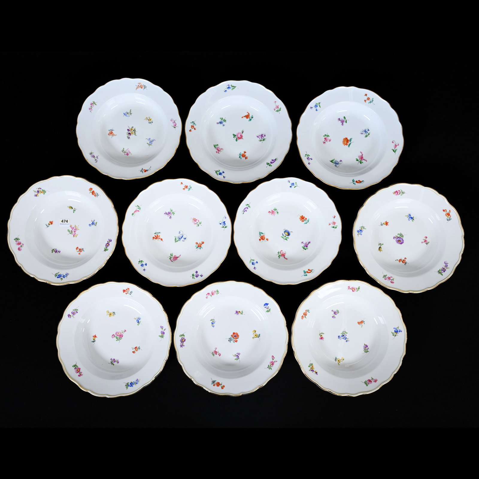 (10) Soup Bowls, Meissen Blue Crossed Swords Mark: (10) Soup Bowls, Meissen Blue Crossed Swords Mark, 9.25", Strewn Flowers Pattern, Frank Cox Estate, Denver, Colorado.