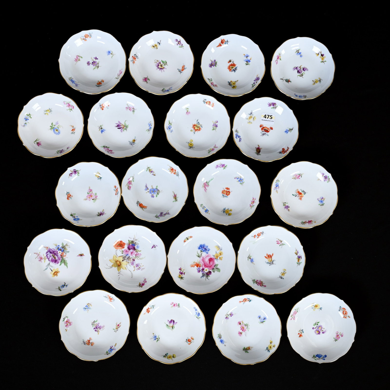 (20) Small Dishes, Meissen Blue Crossed Swords Mark: (20) Small Dishes, Meissen Blue Crossed Swords Mark, 4.25", Strewn Flowers Pattern, Frank Cox Estate, Denver, Colorado.