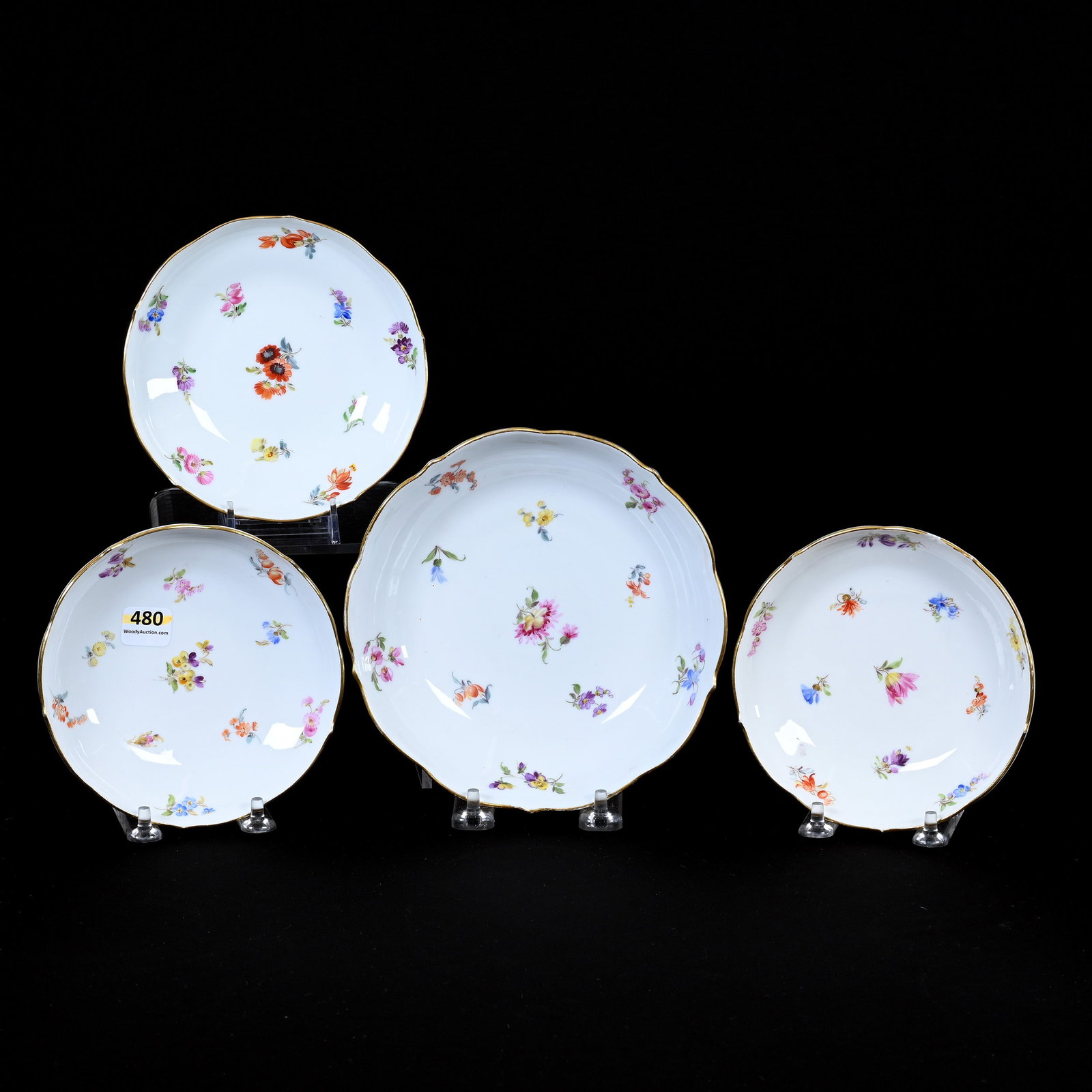(4) Dishes, Meissen Blue Crossed Swords Mark: (4) Dishes, Meissen Blue Crossed Swords Mark, Strewn Flowers Pattern, (1) 6.75", (3) 5.25", Frank Cox Estate, Denver, Colorado.