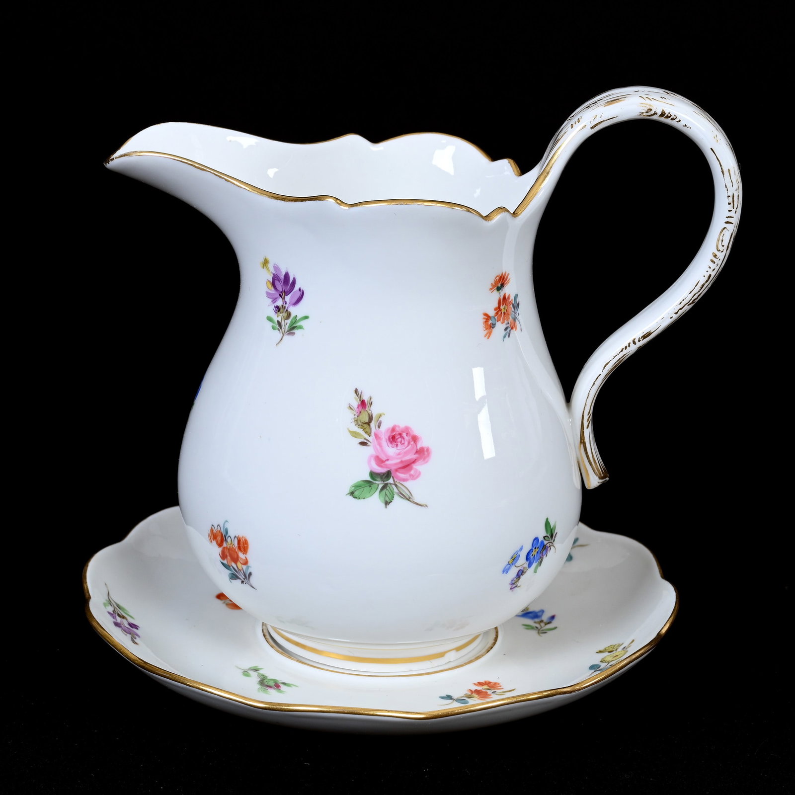 Milk Pitcher/Underplate, Meissen Blue Crossed Swords: Milk Pitcher/Underplate, Meissen Blue Crossed Swords, 6.75" x 7", Strewn Flowers Pattern, Frank Cox Estate, Denver, Colorado.