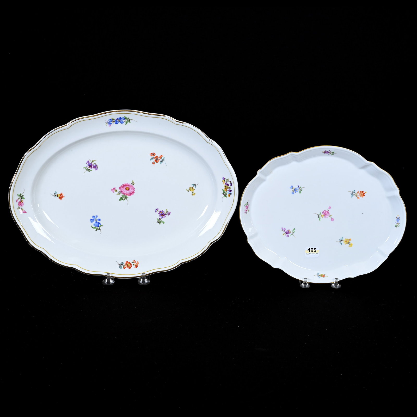 (2) Trays, Meissen Blue Crossed Swords Mark: (2) Trays, Meissen Blue Crossed Swords Mark, Strewn Flowers Pattern, (1) 14.25" x 10.75", (1) 10.75" x 9", Frank Cox Estate, Denver, Colorado.
