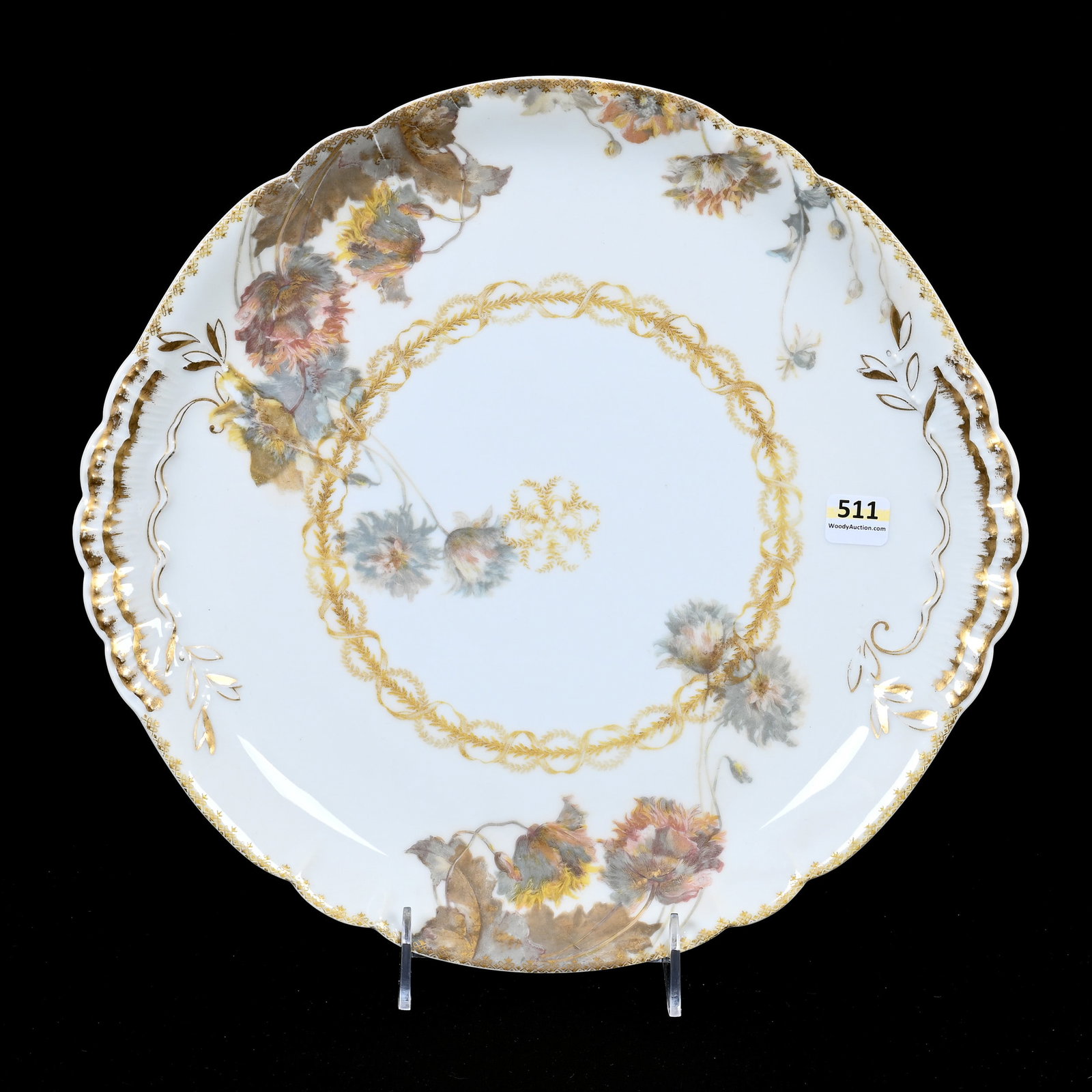 Charger Marked H&C Limoges: Charger Marked H&C Limoges, 13", White With Floral Decor, Gold Highlights, Feu De Four, Frank Cox Estate, Denver, Colorado.