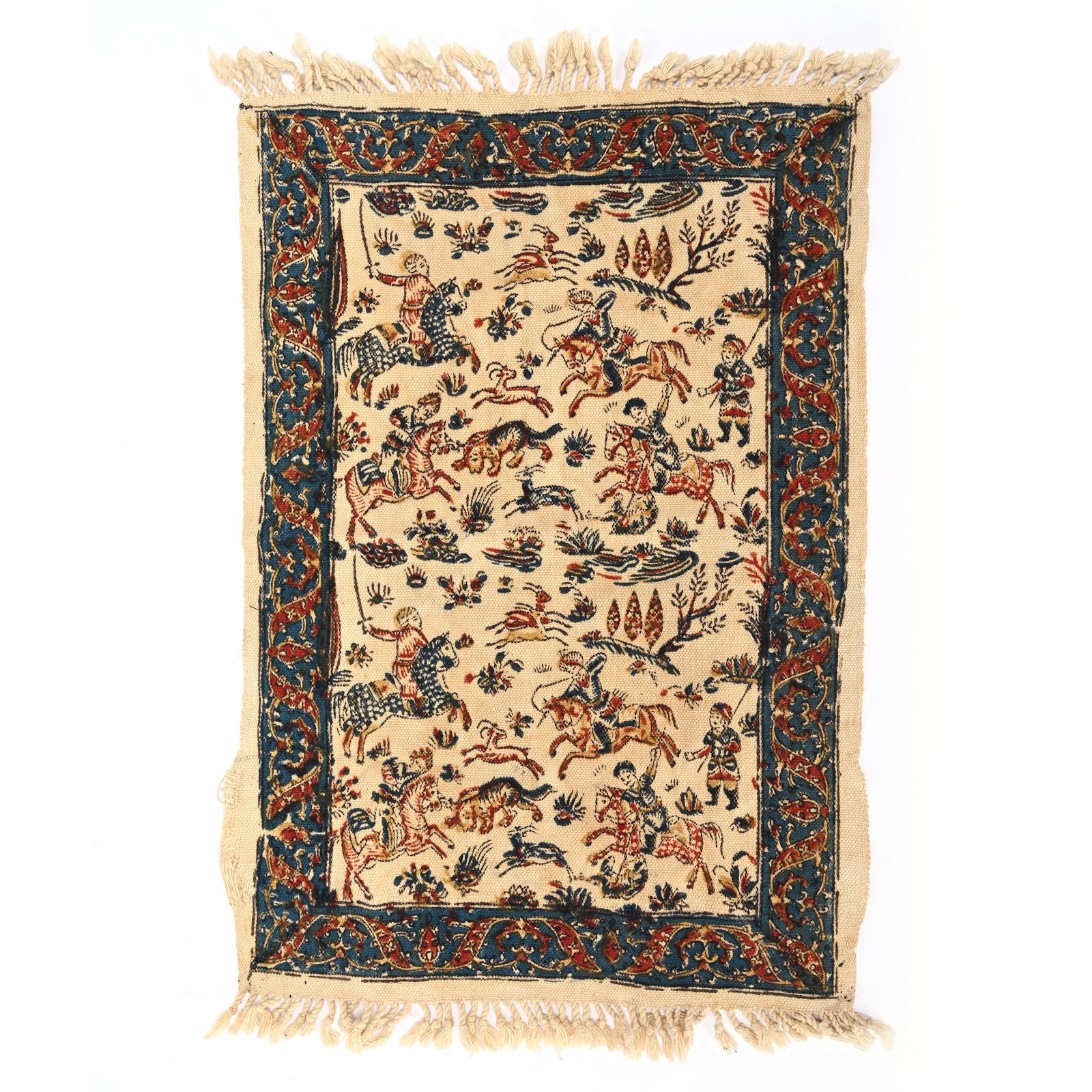 Miniature Persian Rug Marked Aziz-Atrian: Miniature Persian Rug Marked Aziz-Atrian, 18.5" x 12,5", Color Printed Cloth From Isfahan, Iran, Design Of Persian Hunters, Frank Cox Estate, Denver, Colorado.
