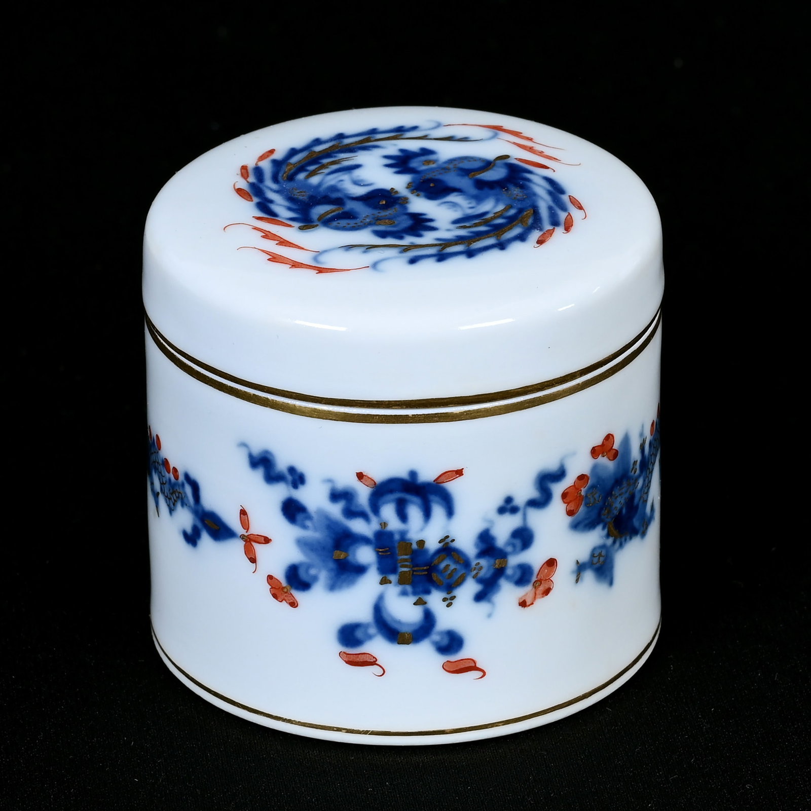 Round Covered Box, Meissen Blue Crossed Swords: Round Covered Box, Meissen Blue Crossed Swords, 2.25" x 2.25", White With Blue Dragon And Floral Decor, Frank Cox Estate, Denver, Colorado.
