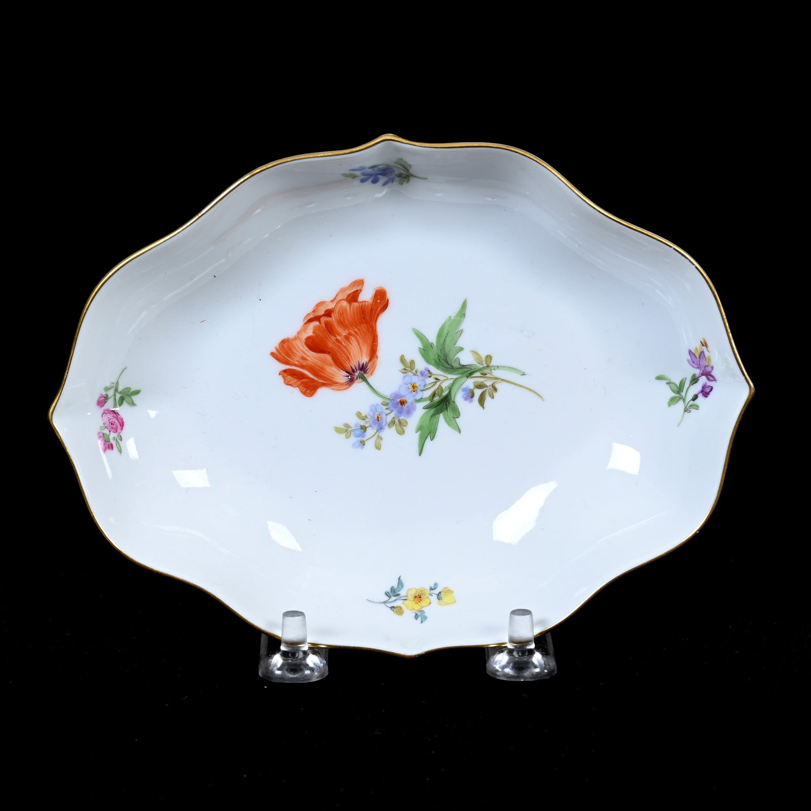 Oval Dish, Meissen Blue Crossed Swords Mark: Oval Dish, Meissen Blue Crossed Swords Mark, 6" x 4.5", Strewn Flowers Pattern, Frank Cox Estate, Denver, Colorado.