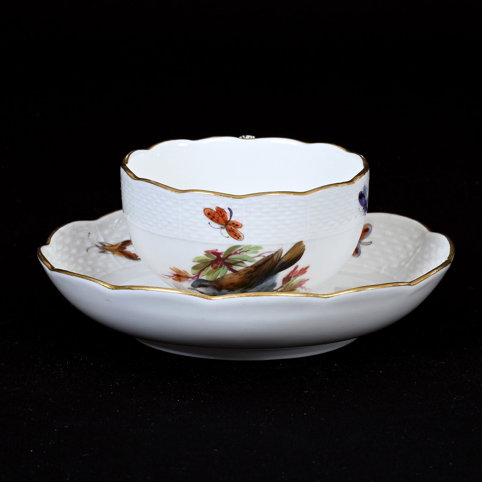 Cup/Saucer, Meissen Blue Crossed Swords Mark: Cup/Saucer, Meissen Blue Crossed Swords Mark, 2.25" x 5.5", Basketweave Border, Bird And Insect Decor, Frank Cox Estate, Denver, Colorado.