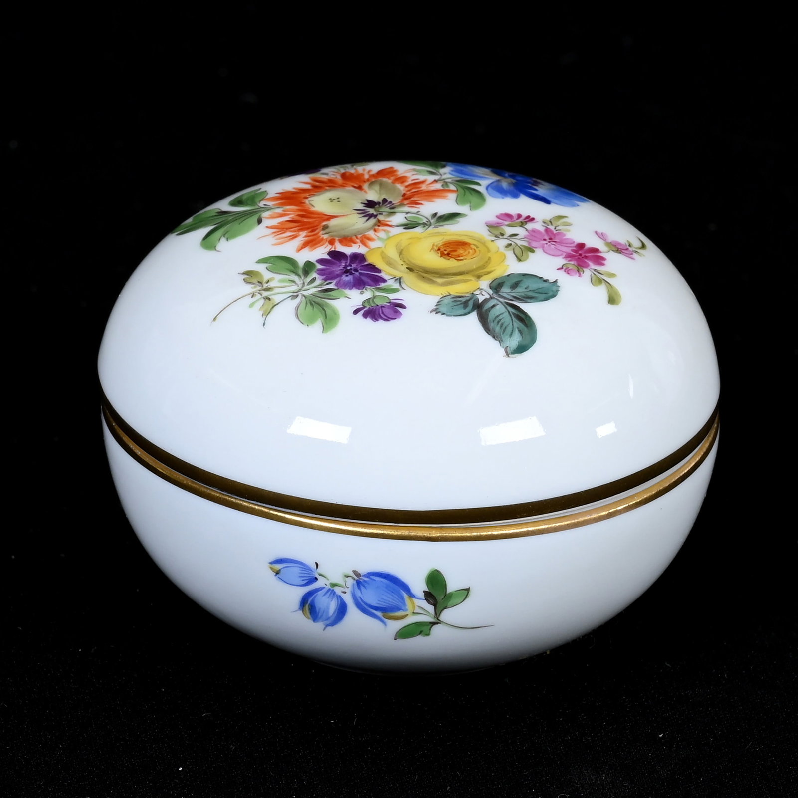 Round Covered Box, Meissen Blue Crossed Swords: Round Covered Box, Meissen Blue Crossed Swords, 1.75" x 2.75", Colorful Floral Decor, Two Slash Marks, Frank Cox Estate, Denver, Colorado.