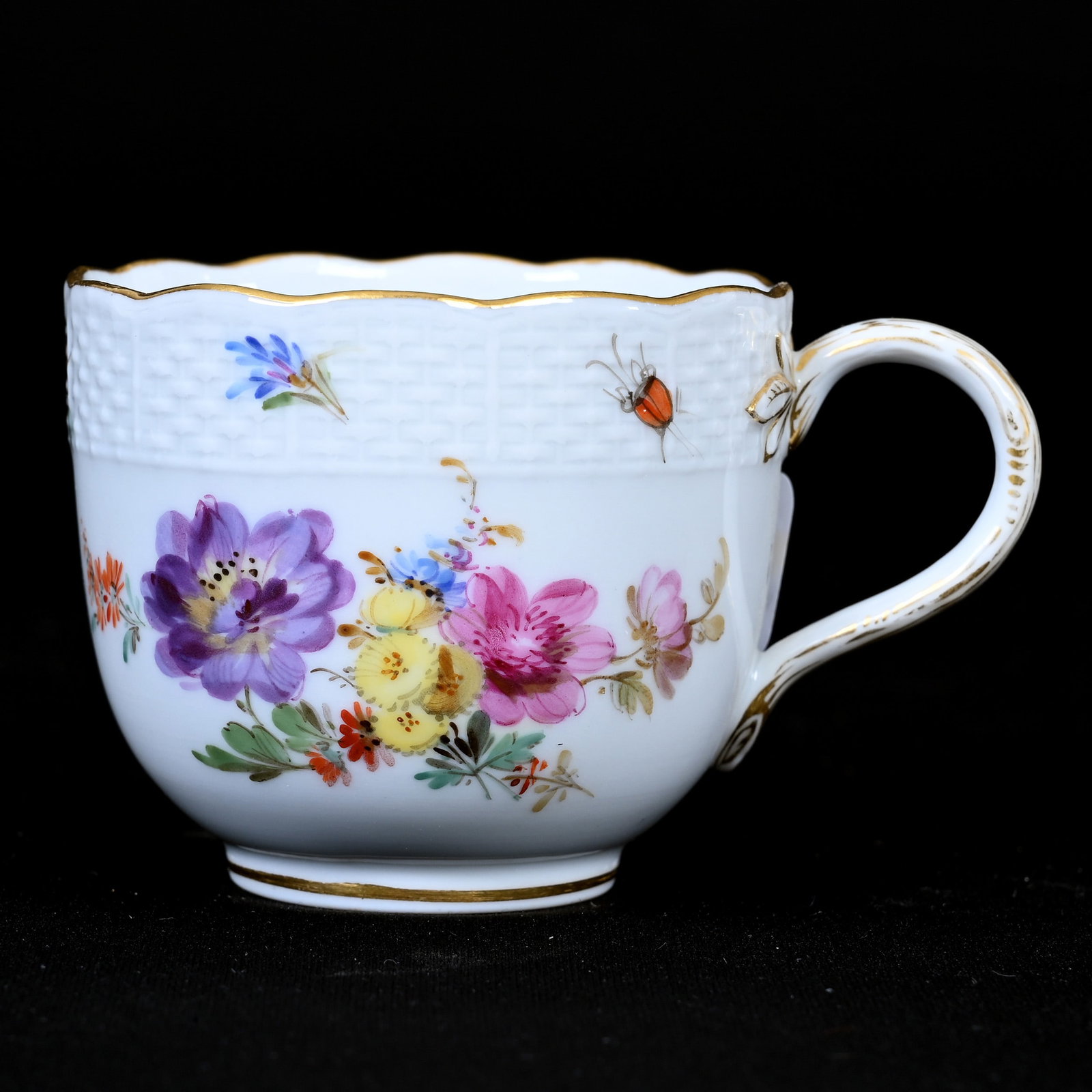 Cup Only, Meissen Blue Crossed Swords Mark: Cup Only, Meissen Blue Crossed Swords Mark, 2.25" x 3.5", Basketweave Border, Colorful Floral And Insect Decor, Frank Cox Estate, Denver, Colorado.
