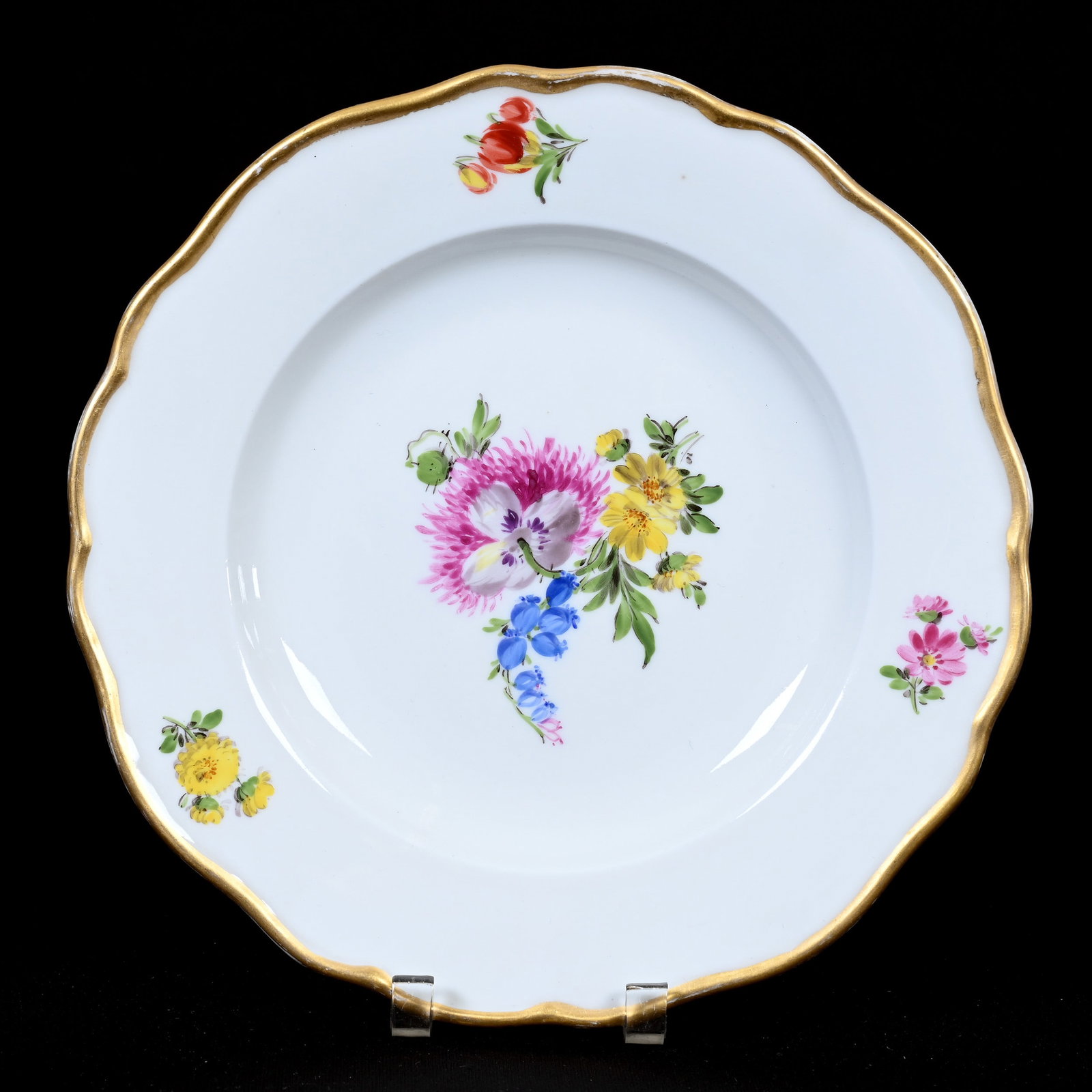 Plate, Meissen Blue Crossed Swords Mark: Plate, Meissen Blue Crossed Swords Mark, 6.25", Colorful Floral Decor, Gold Trim, Frank Cox Estate, Denver, Colorado.