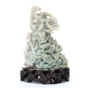 Carved Jade Lidded Vase On Teakwood Stand