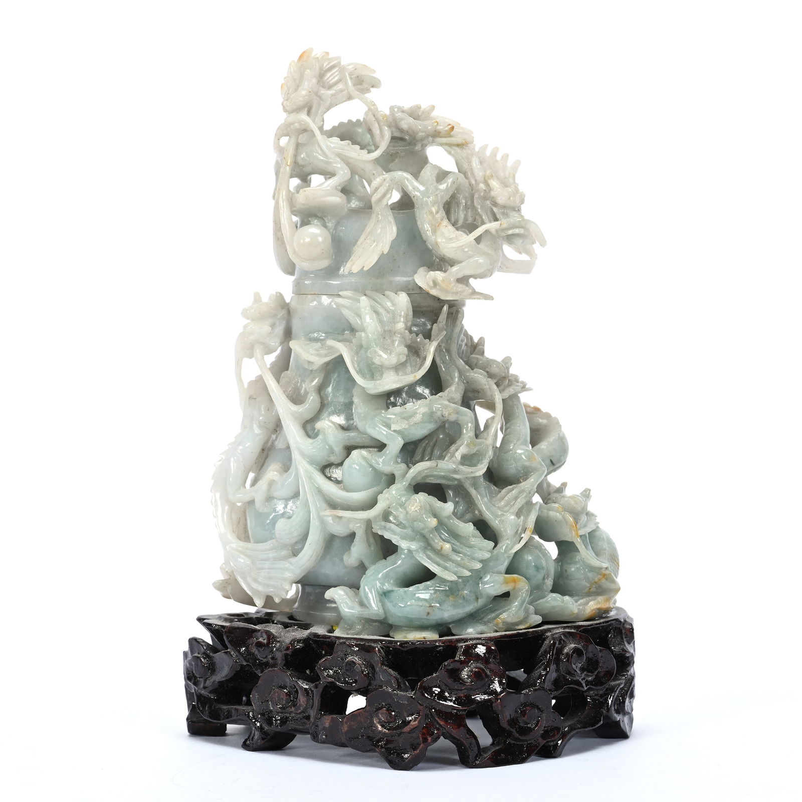 Carved Jade Lidded Vase On Teakwood Stand (1 of 5)