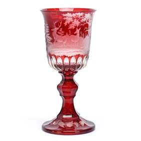 Chalice, Bohemian Ruby Flash, Engraved Stag/Forest