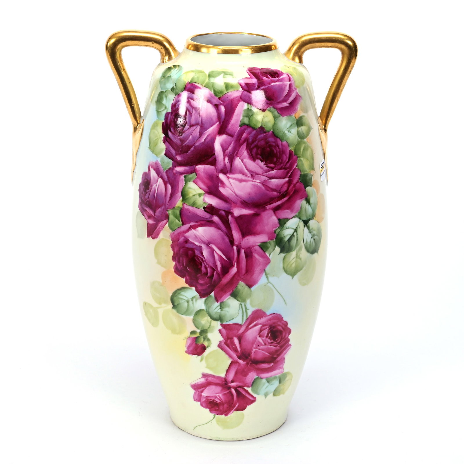 Vase, Austria Blank Marked France Studios (1906-1916): Vase, Austria Blank Marked France Studios (1906-1916), 15.5" x 9.25" x 7", Hand Painted Rose Decor, Two Handles, Heavy Gold Trim, Frank Cox Estate, Denver, Colorado. UPDATED 7-10-24: Hairline Crack On