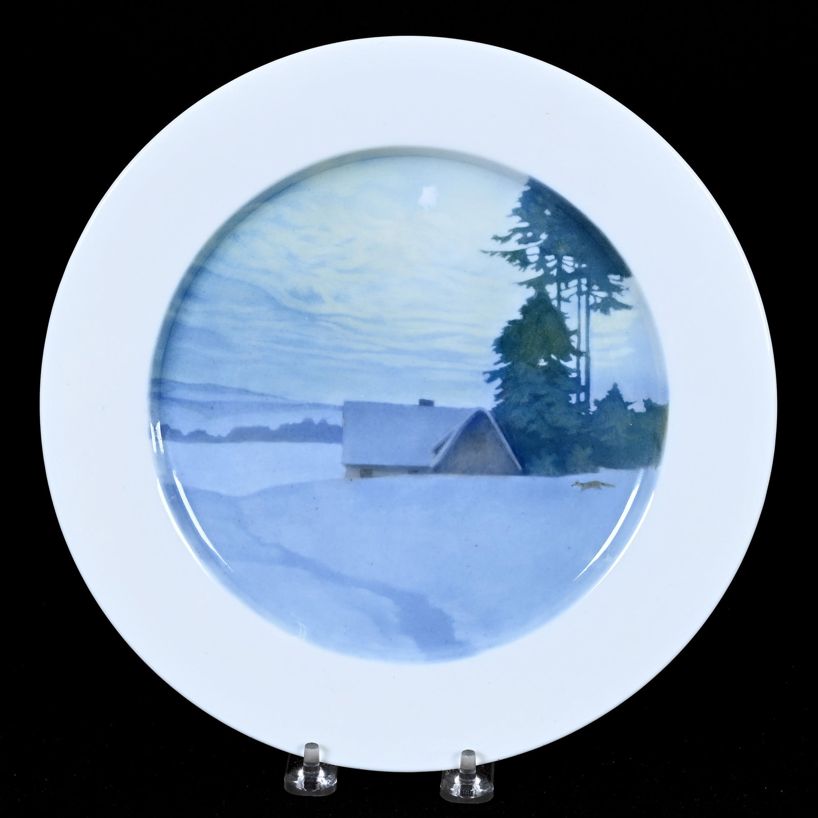 Plate, Meissen Blue Crossed Swords Mark: Plate, Meissen Blue Crossed Swords Mark, 10.5", Cottage In Snowy Field With Fox, Frank Cox Estate, Denver, Colorado.