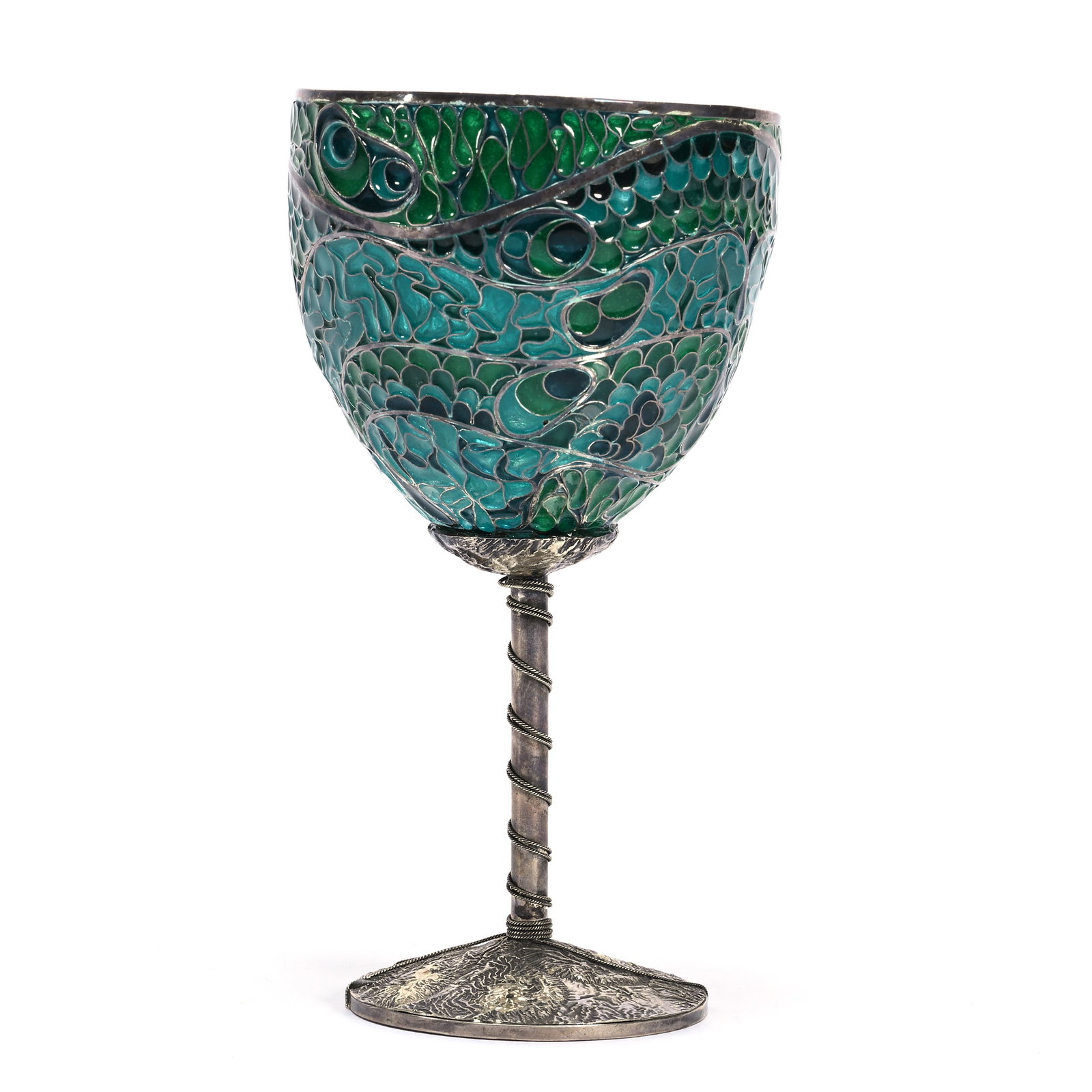 Goblet, Plique A Jour & Silver - Nice Quality Detail: Goblet, Plique A Jour & Silver - Nice Quality Detail, 5.75" x 3", The Bowl Sits At An Angle And There Is Adhesive Visible Under Blacklight Between Stem & Bowl (Some On Side Of Bowl), Frank Cox Estate,