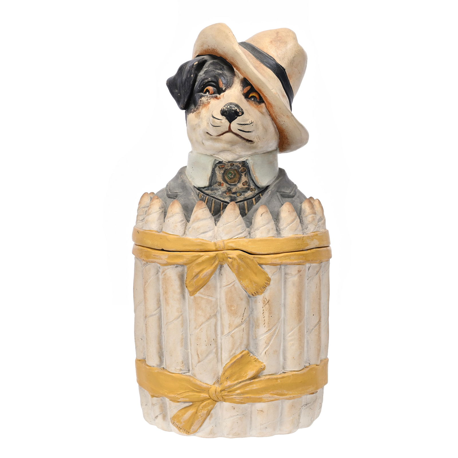 Figural Humidor Marked JMN, Bisque: Figural Humidor Marked JMN, Bisque, 8.75" x 4.25", Jack Russell Dog Dressed In Suit And Wearing A Fedora, Surrounded By Cigars Bundled With A Bow, Circa 1900's, Private Illinois Collection.