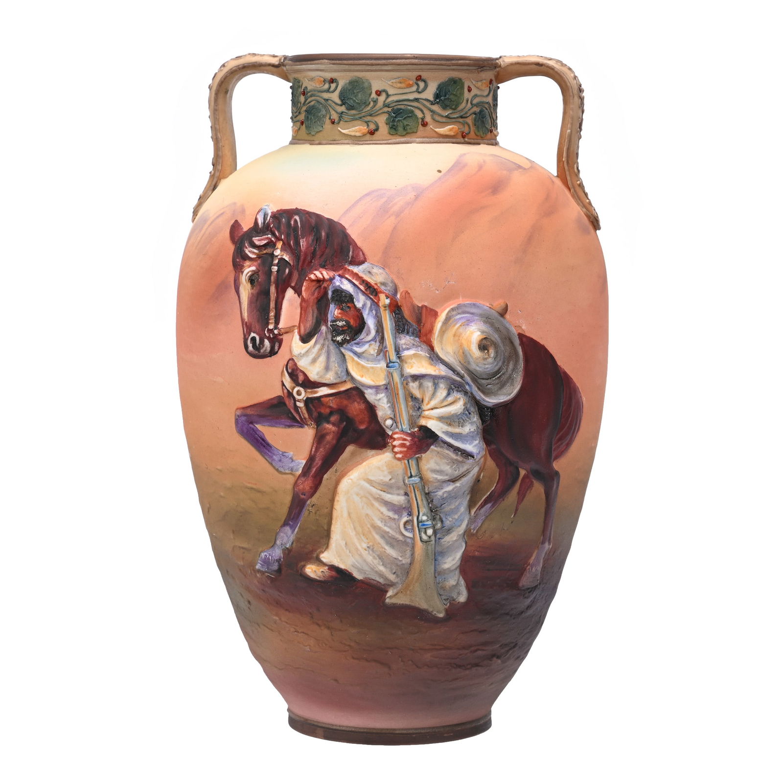Vase Marked Nippon, Blown Mold, Arab Hunter & Horse (1 of 3)