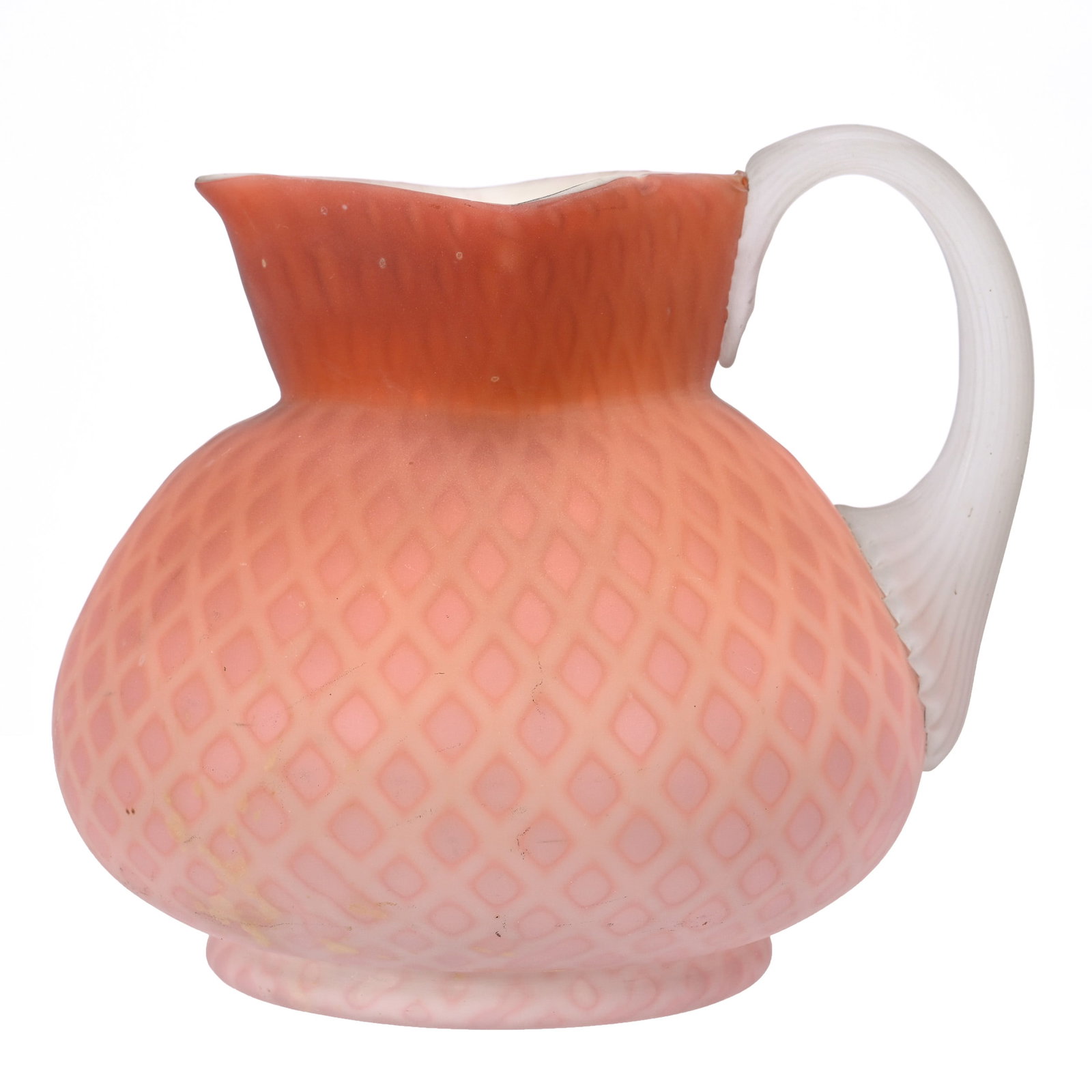 Pitcher, Pink Satin Diamond Quilted MOP Art Glass: Pitcher, Pink Satin Diamond Quilted Mother Of Pearl Art Glass, 6.5" x 7.25", Frosted Applied Ribbed Handle, Square Top, Private Illinois Collection.