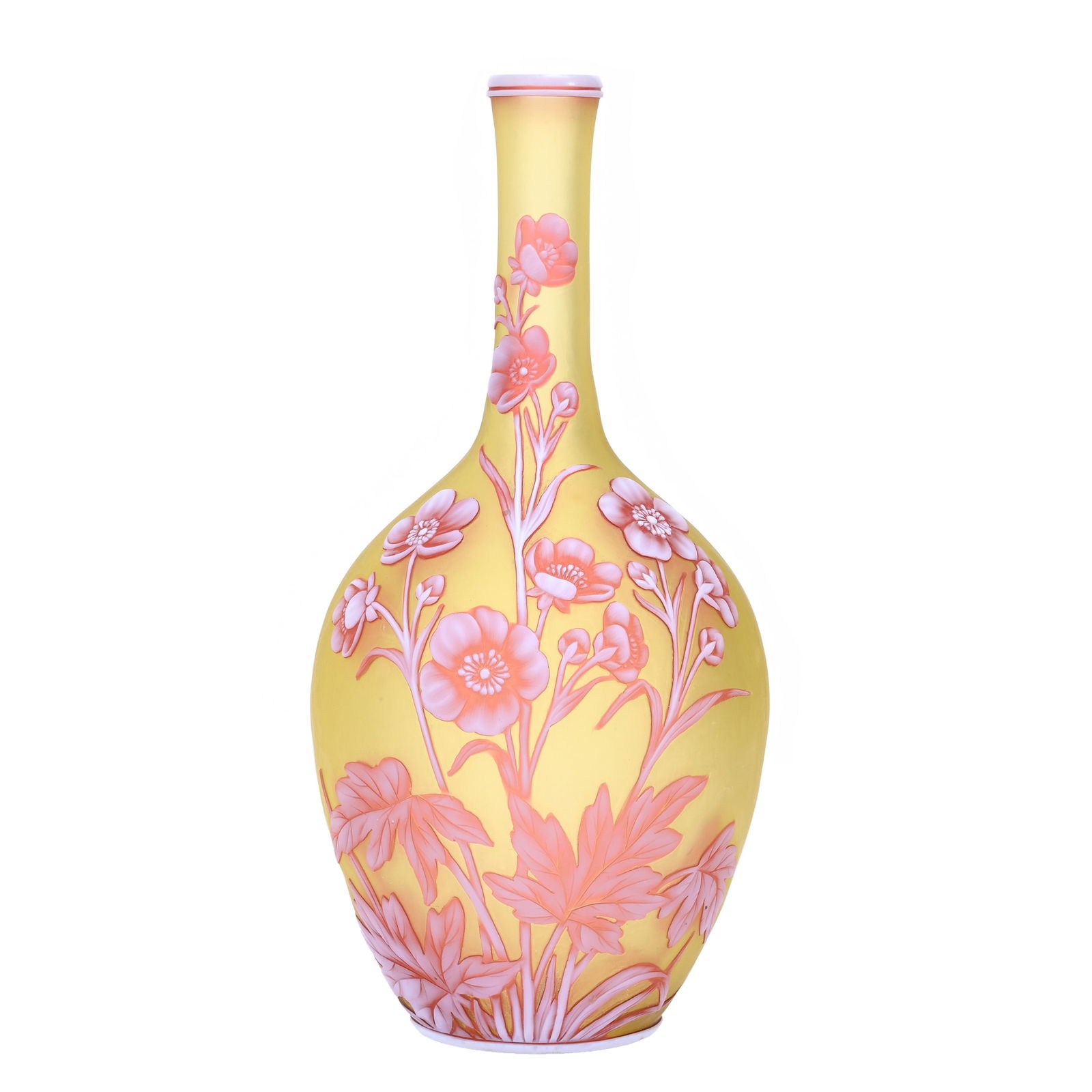 Vase Signed Thomas Webb & Sons English Cameo: Vase Signed Thomas Webb & Sons English Cameo, 8.75" x 4.25", Art Glass, Citrine Ground With White And Cranberry Cameo Cutback Overlay Of Floral Decor, Beautiful Example, Private Illinois Collection.