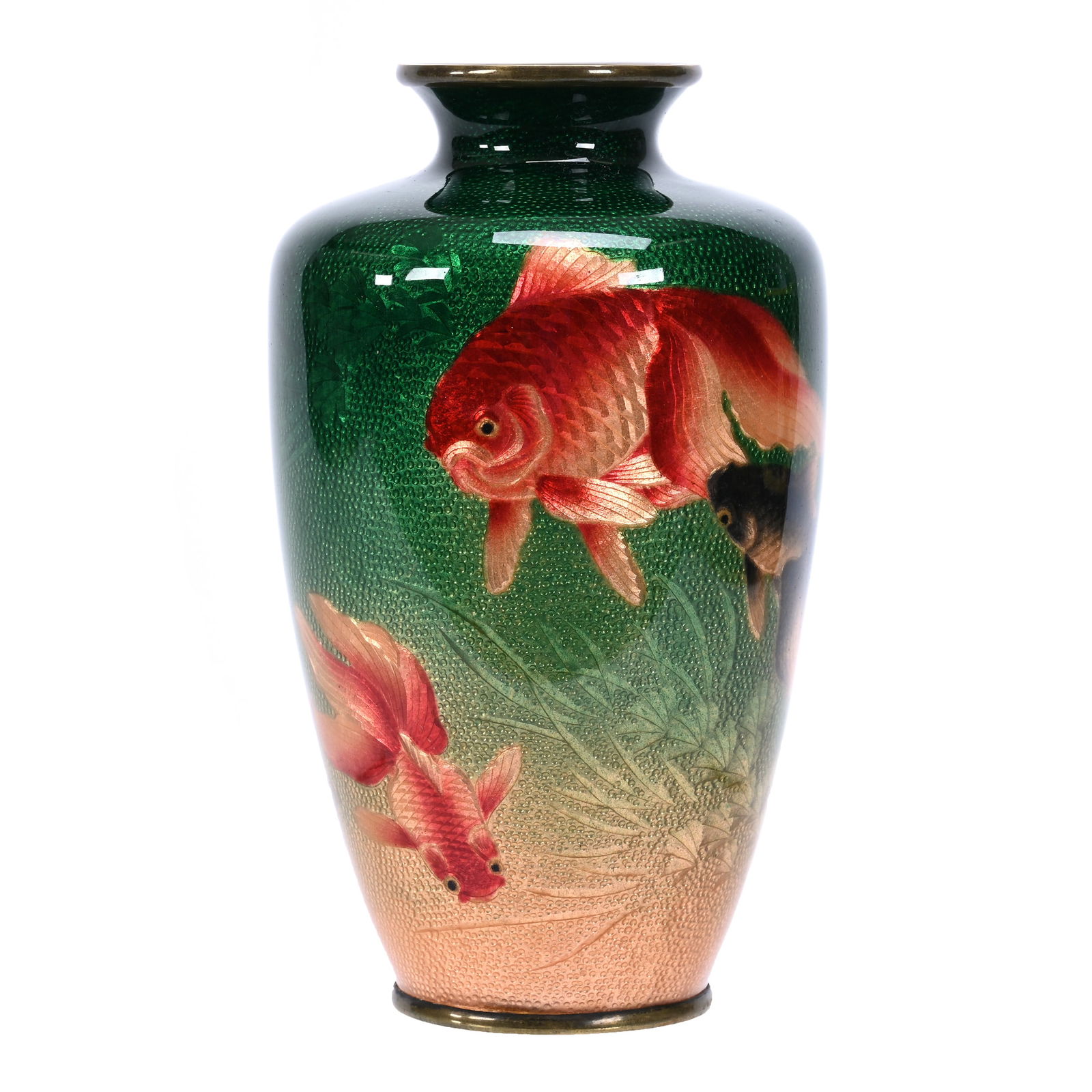 Vase, Japanese Ginbari Cloisonne, Maltese Cross Mark: Vase, Japanese Ginbari Cloisonne, Maltese Cross Mark, 7" x 4", Four Koi Fish On Background Of Emerald Green Shading To Coppery Cream, Excellent Quality And Condition, Private Illinois Collection. UPDA