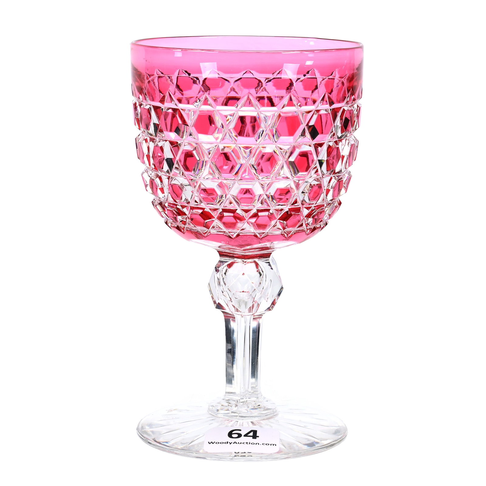 Wine Stem, ABCG, Cranberry Cut To Clear: Wine Stem, American Brilliant Cut Glass, Cranberry Cut To Clear, 4.75" x 2.75", Block Diamond Pattern Attributed To Dorflinger, Facet Cut Knob Stem, Ray Cut Foot, Private Illinois Collection.