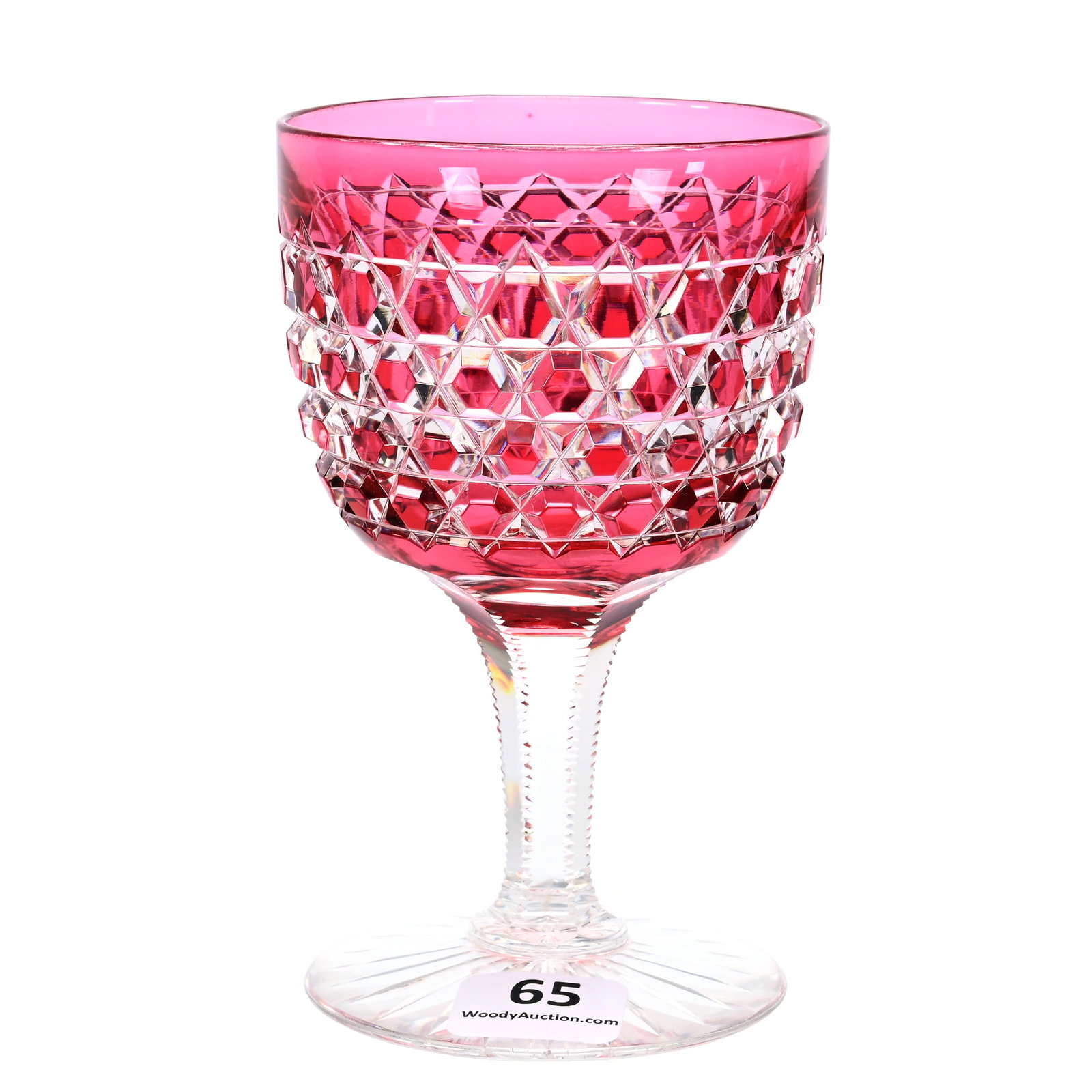 Wine Stem, ABCG, Cranberry Cut To Clear: Wine Stem, American Brilliant Cut Glass, Cranberry Cut To Clear, 4.625" x 2.75", Block Diamond Pattern Attributed To Dorflinger, Solid Notched Stem, Ray Cut Foot, Private Illinois Collection.