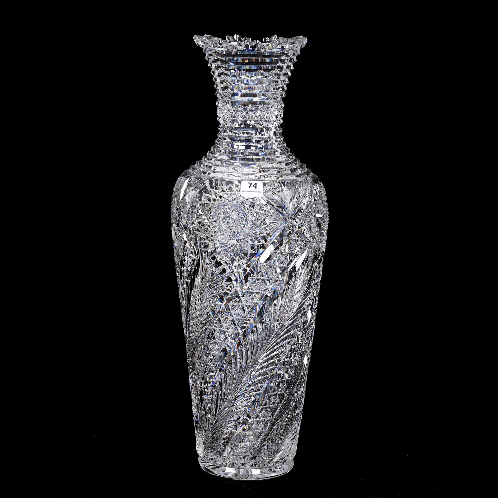Vase, American Brilliant Cut Glass: Vase, American Brilliant Cut Glass, 18" x 6.25", Incredible Hobstar, Swirled Feather Alternating With Star Diamond, Step Cut Neck With Band Of Star Diamonds, Ray Cut Base, Flawless Blank, Small Tooth 