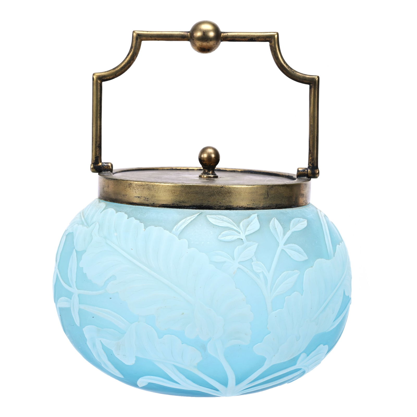 Biscuit Jar Signed Thomas Webb & Sons English Cameo: Biscuit Jar Signed Thomas Webb & Sons English Cameo, 5" x 6.5", Ice Blue Ground With Cameo Carved White Leaf And Vine Decor, Silverplate Lid And Bail, Private Illinois Collection.