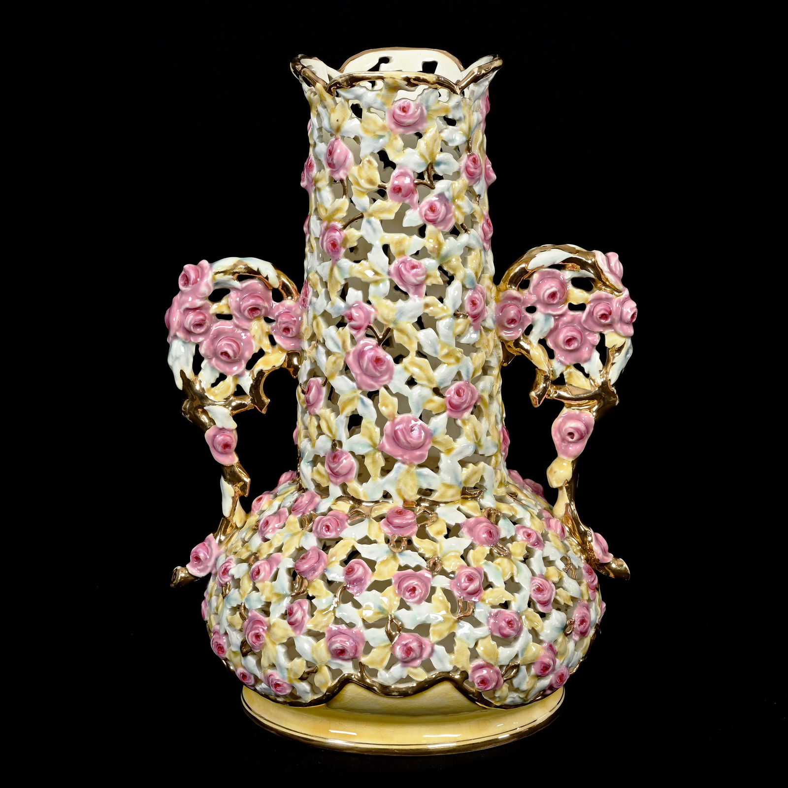 Vase, Fully Reticulated, Marked Zsolnay #3583: Vase, Fully Reticulated, Marked Zsolnay #3583, 12" x 8.5", Rose Design, Private Illinois Collection.