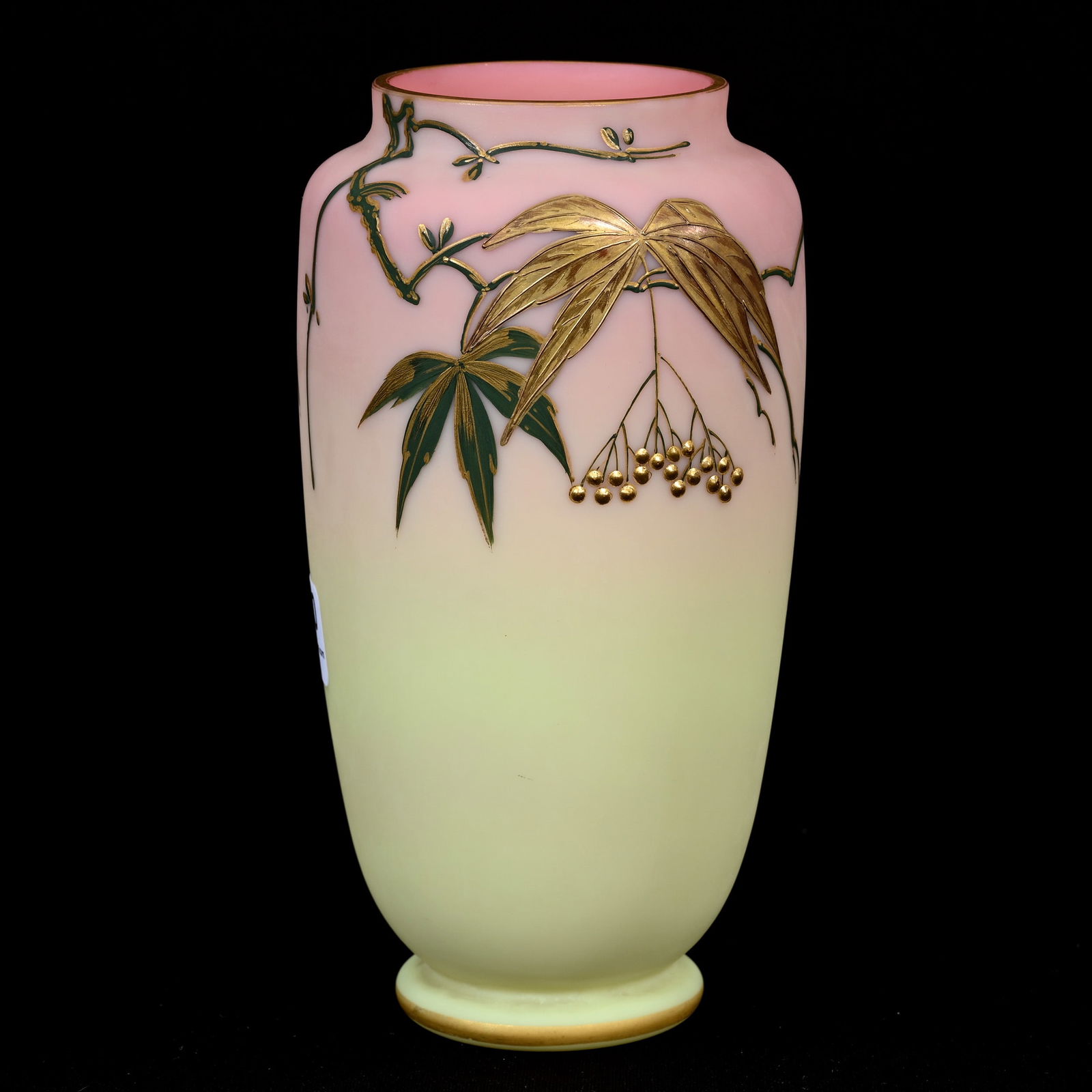 Vase Signed Thomas Webb & Sons Queens Burmese: Vase Signed Thomas Webb & Sons Queens Burmese, 6.25" x 3.25", Nice Branch, Berry And Leaf Decor, Private Illinois Collection.