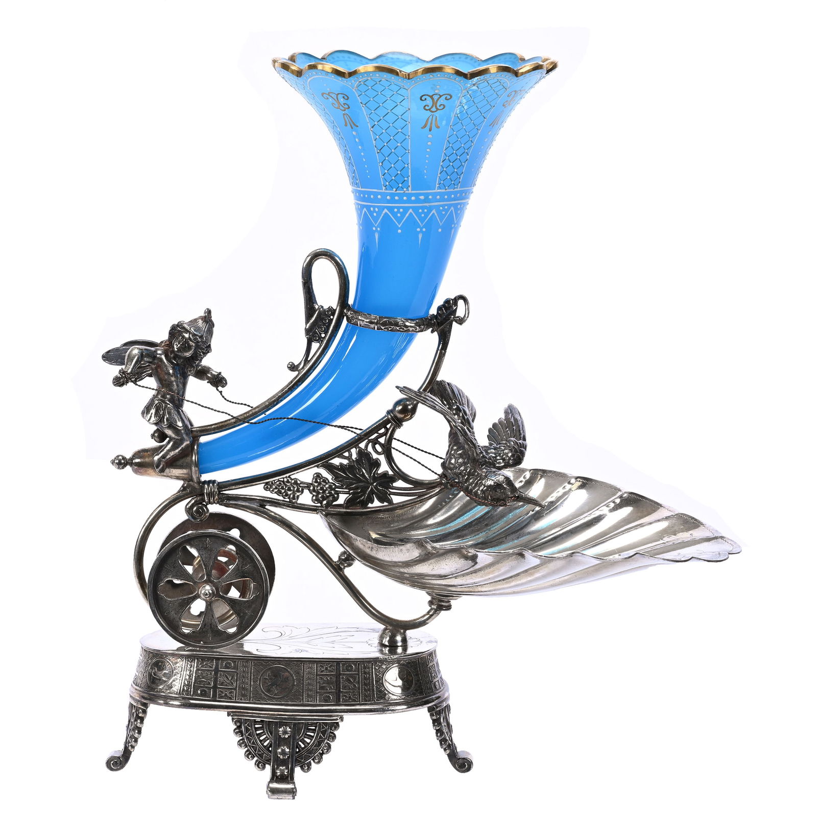 Victorian Centerpiece, Blue Opaque Art Glass Vase (1 of 4)