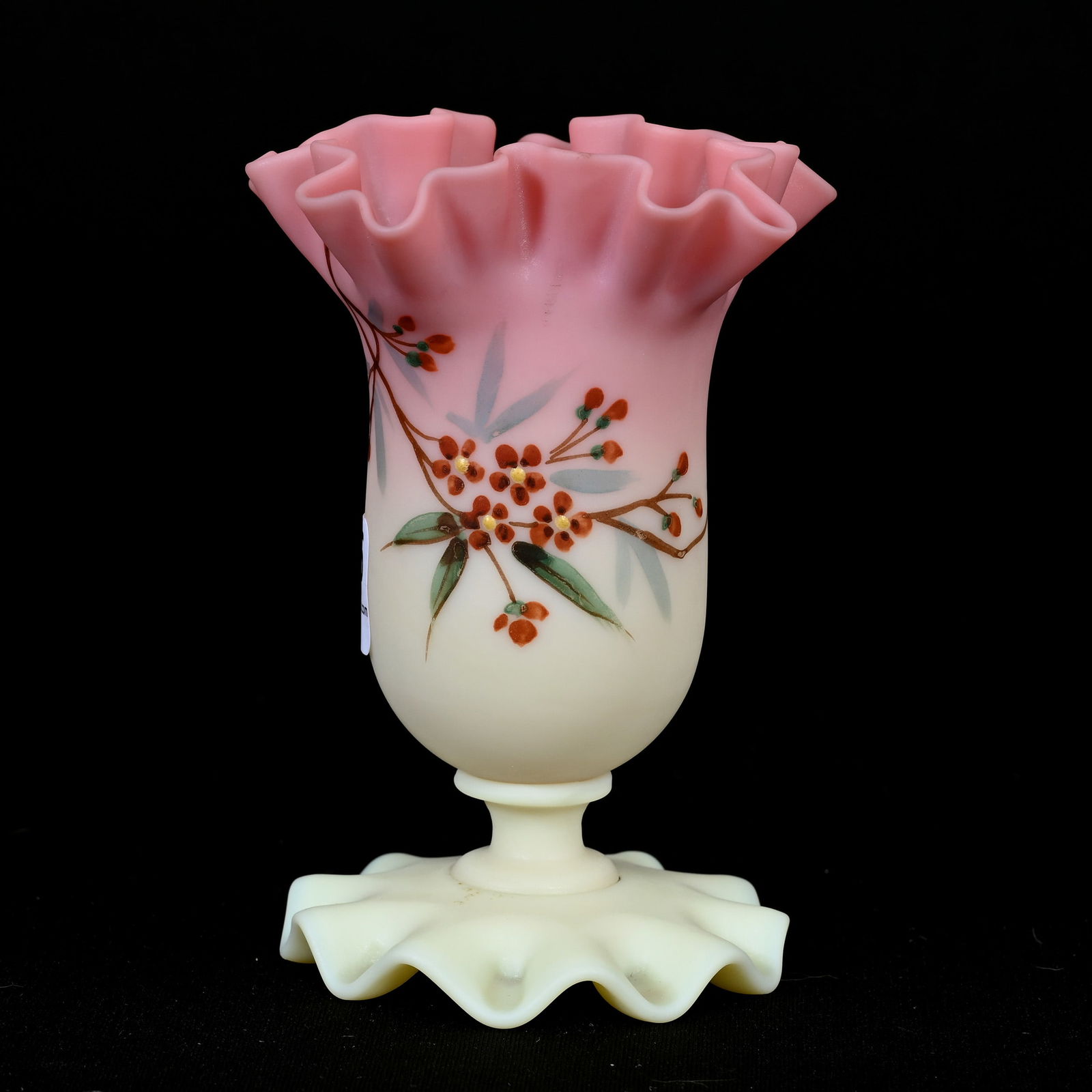 Pedestal Vase, Decorated Burmese Art Glass: Pedestal Vase, Decorated Burmese Art Glass, 4.25" x 3", Enamel Branch And Blossom Decor, Attributed To Thomas Webb & Sons, Private Illinois Collection.