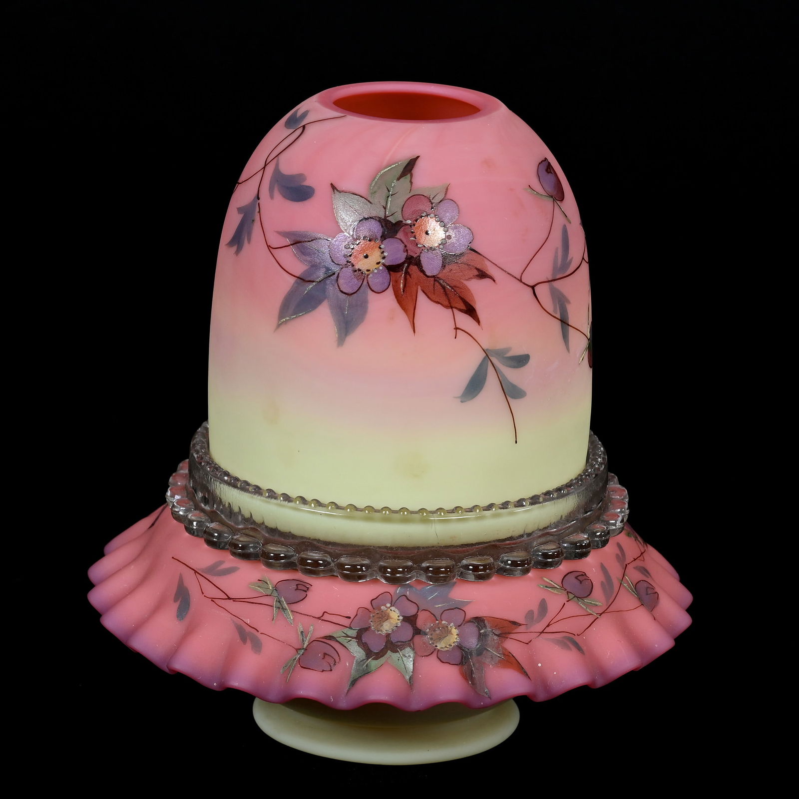 Fairy Lamp, Decorated Burmese Art Glass: Fairy Lamp, Decorated Burmese Art Glass, 6" x 5.25", By Thomas Webb & Sons, Hawthorne Pattern, Ruffled Decorated Burmese Base & Shade, Unmarked, Clear Insert And Candle Holder Marked Clark, Private Il