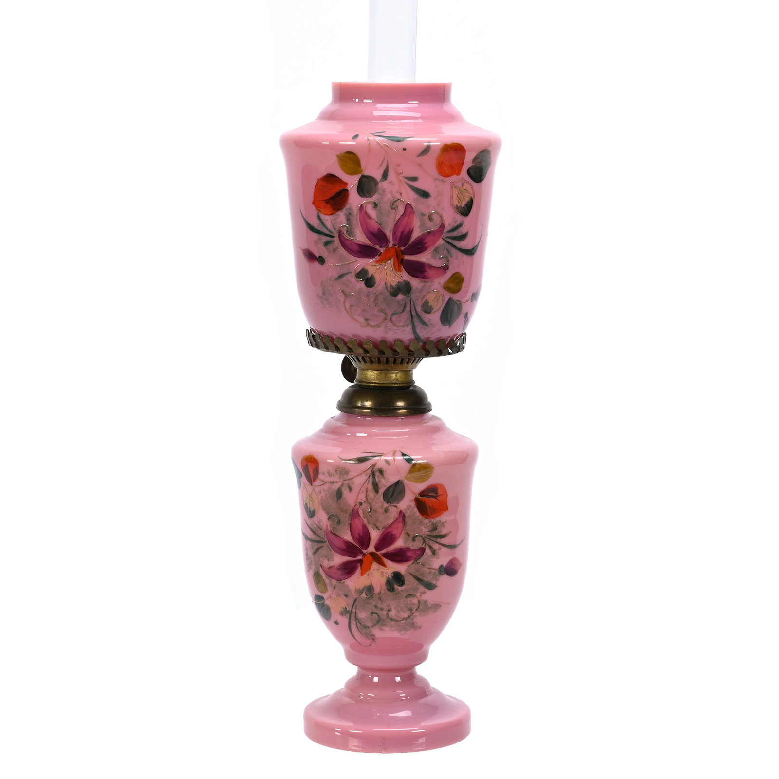 Kerosene Lamp, Pink Cased Art Glass: Kerosene Lamp, Pink Cased Art Glass, 14.25" x 4", Enamel Floral Decor, Shade Has Two Minor Hard To See Chips On Base Ring, Open Bubble On Rim Of Shade, Private Illinois Collection.