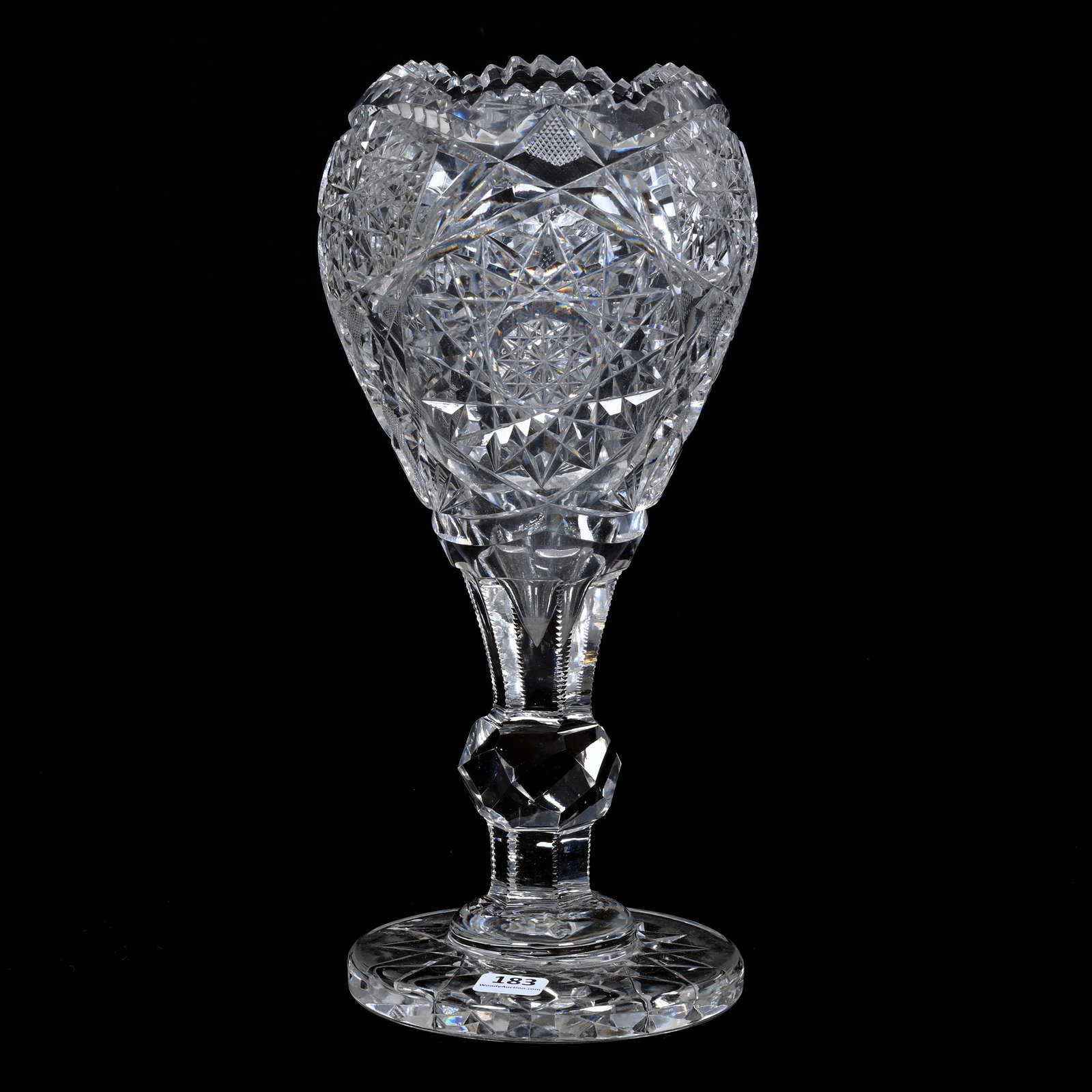 Chalice Vase, American Brilliant Cut Glass: Chalice Vase, American Brilliant Cut Glass, 12" x 5.5", Hobstar And Strawberry Diamond Motif, Facet Cut Knob Stem, Hobstar Foot, Heavy Blank, Private Illinois Collection.
