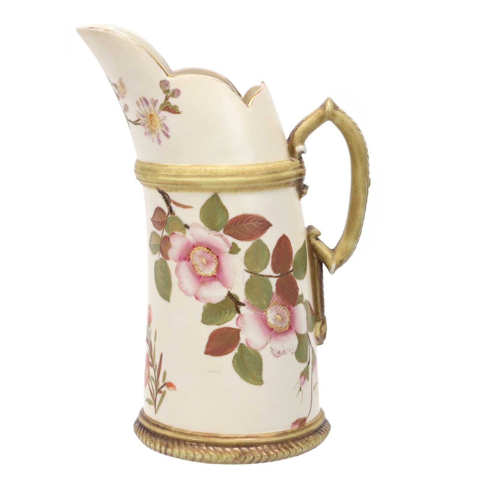 Pitcher Marked Royal Worcester Patent Metallic: Pitcher Marked Royal Worcester Patent Metallic, 9.75" x 6.5", Cream Tones, Colorful Floral Decor, Tusk Shaped, Paint Loss On Handle, Private Illinois Collection.