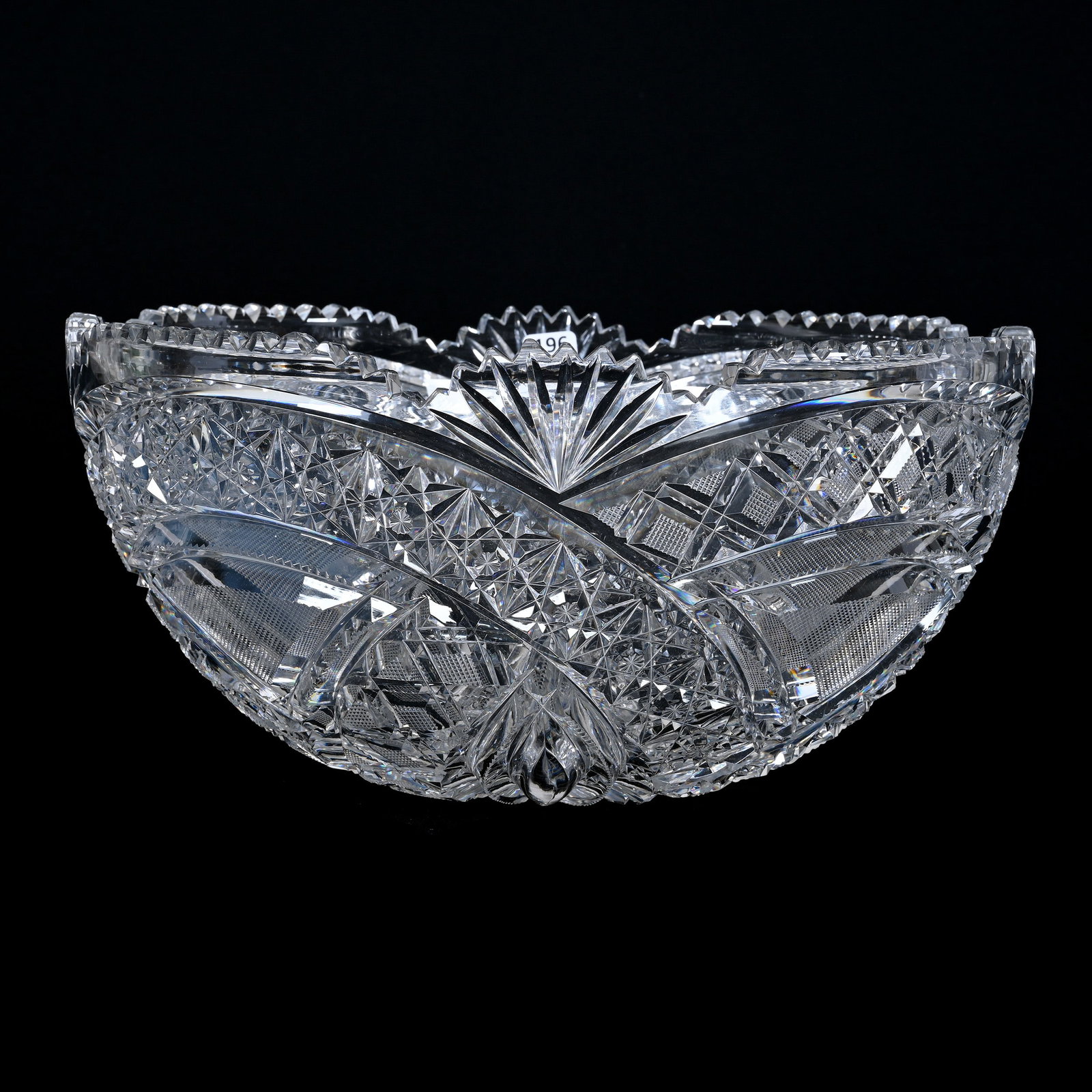 Punch Bowl, One Piece, American Brilliant Cut Glass: Punch Bowl, One Piece, American Brilliant Cut Glass, 7" x 14", Four Interlocking Sections With Tusk, Vesica, Hobstar, Strawberry Diamond, Prism And Fan Motif, Beautiful Design, Excellent Quality Blank