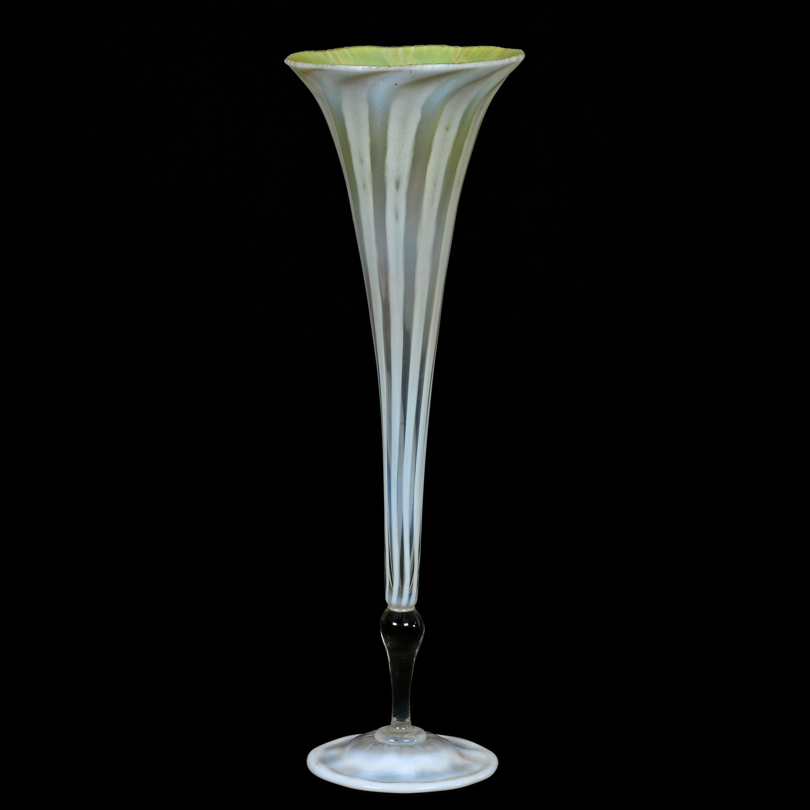Trumpet Vase Signed L.C. Tiffany-Favrile #1900: Trumpet Vase Signed L.C. Tiffany-Favrile #1900, 15.25" x 5", Pastel Yellow With Opalescent Stripes, Partial Original Paper Label, Nice Example, Private Illinois Collection.