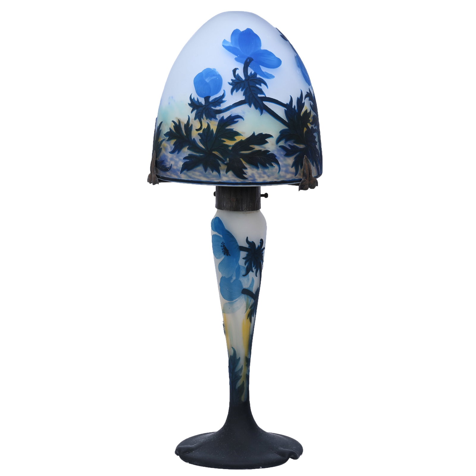 Table Lamp Signed Muller Fres Luneville French Cameo: Table Lamp Signed Muller Fres Luneville French Cameo, 20" x 7.5", White, Yellow And Blue Mottled Ground With Beautiful Blue Cameo Carved Poppy Decor, Good Working Condition, This Lamp Is Genuine Mulle